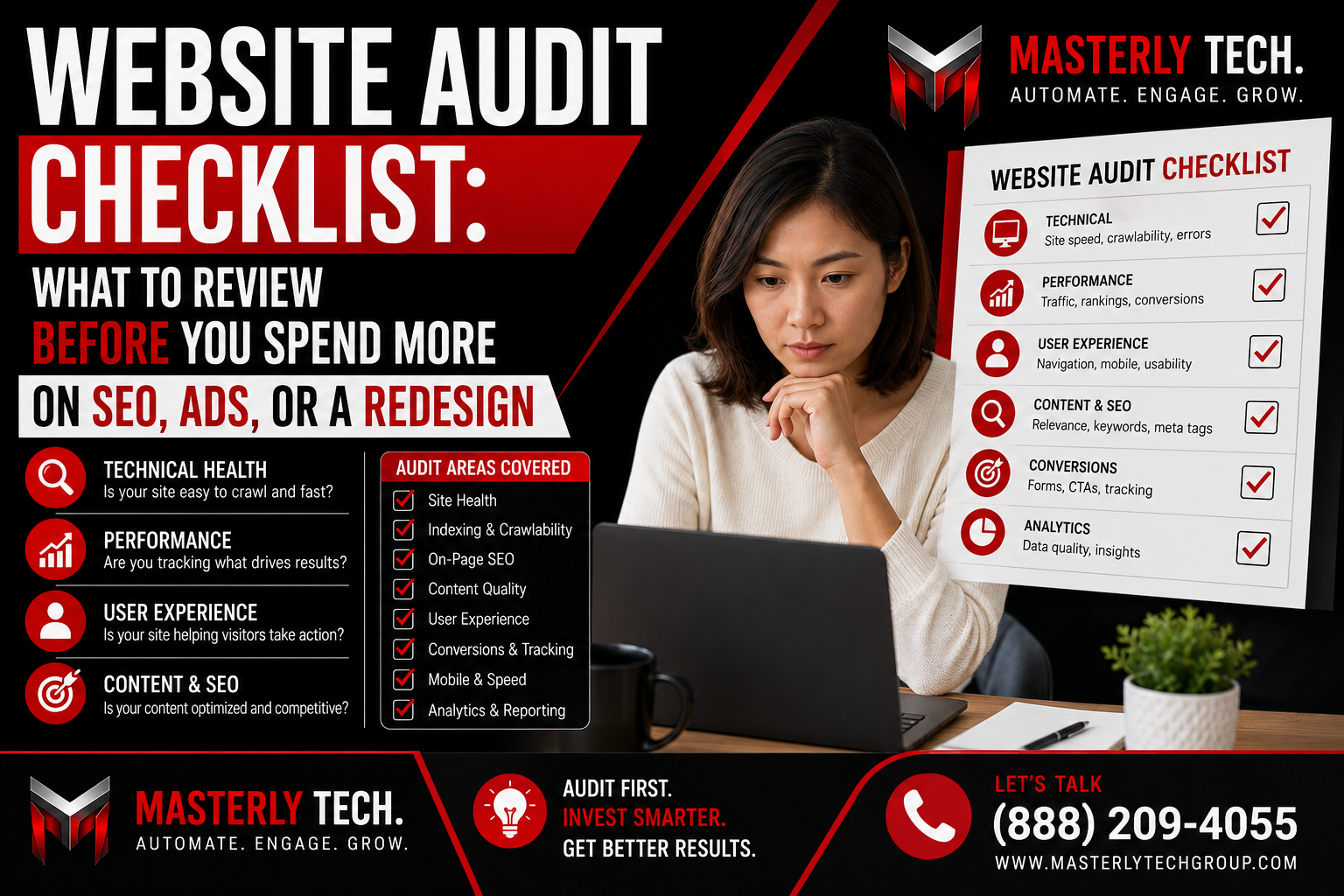 website audit, technical SEO, indexing, analytics, conversion, performance