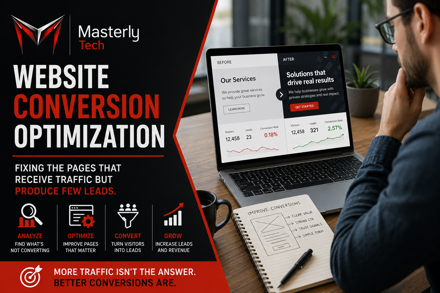 Digital marketing strategist reviewing website conversion optimization with a business client.