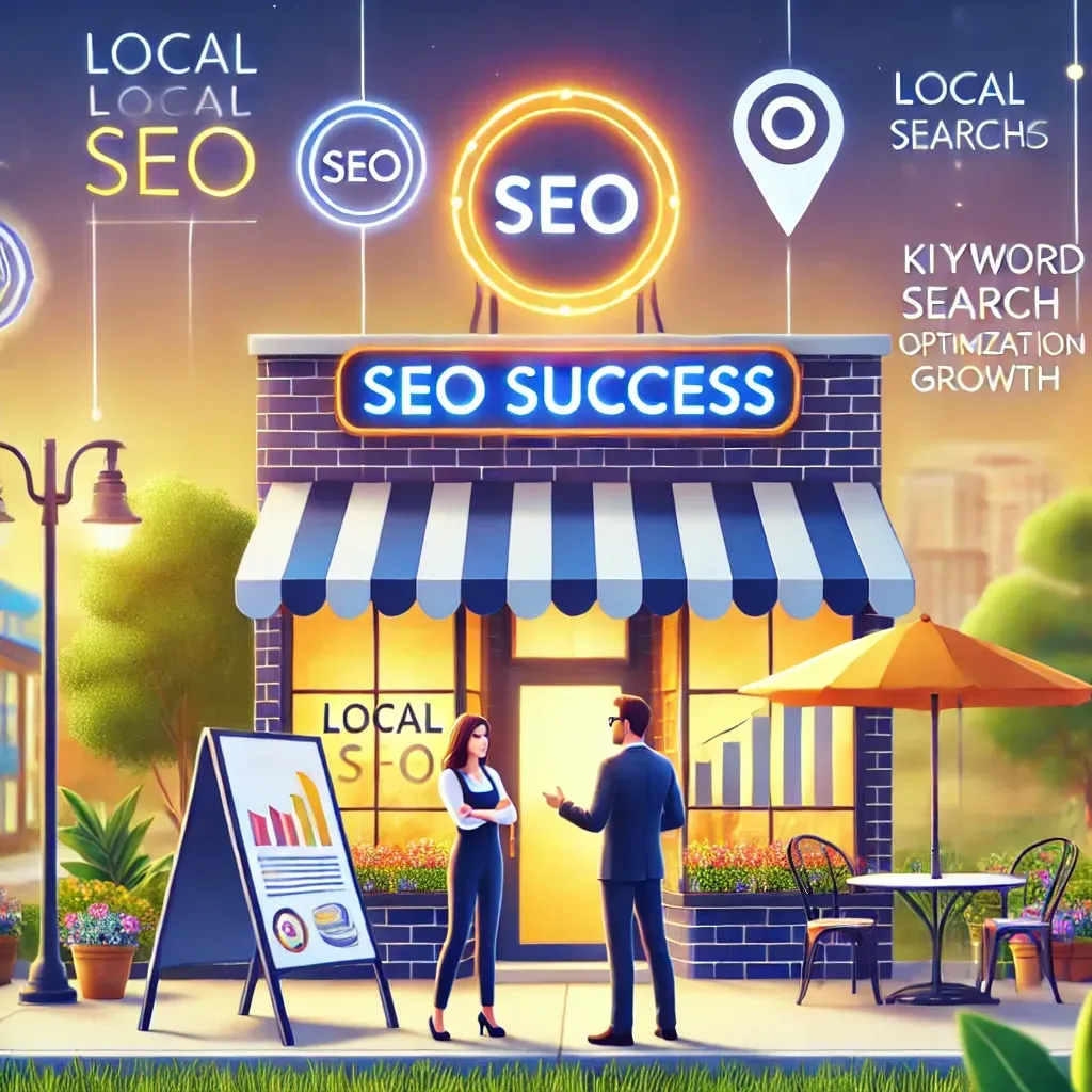 A vibrant illustration of a small business storefront with a glowing 