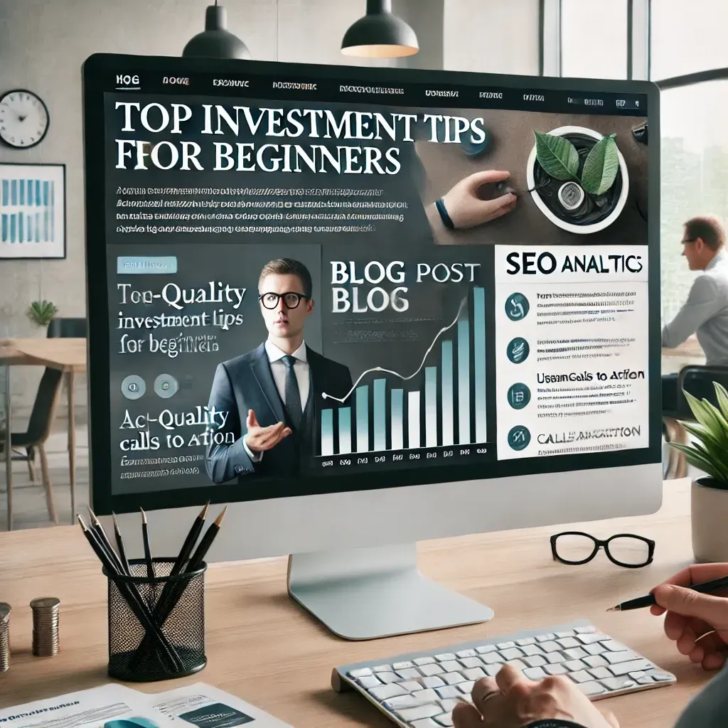 A professional financial advisory office featuring a computer screen displaying a blog post titled 'Top Investment Tips for Beginners' alongside SEO analytics. The scene shows a financial advisor collaborating with a content strategist in a bright, clean workspace, highlighting the importance of high-quality content for online visibility and client engagement.