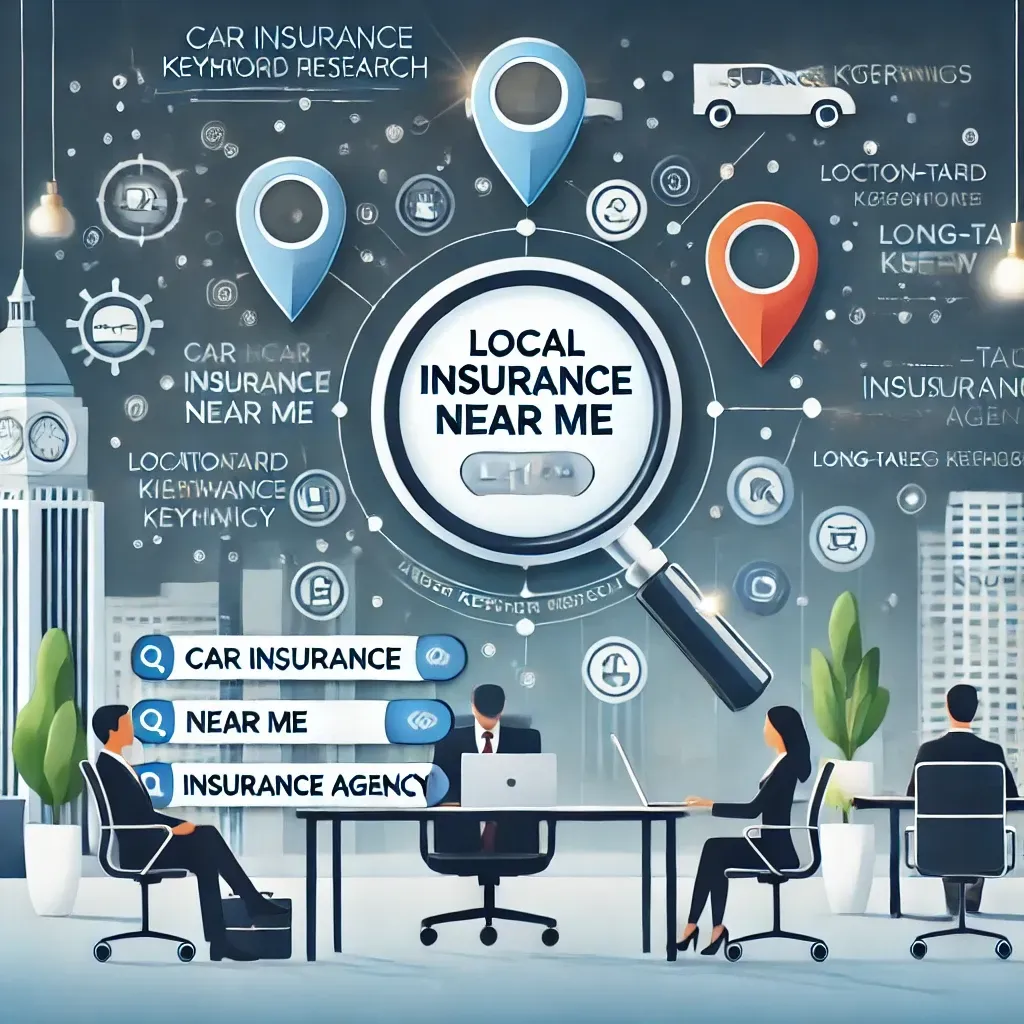 A group of people are sitting at a table in front of a magnifying glass looking for local insurance near me.