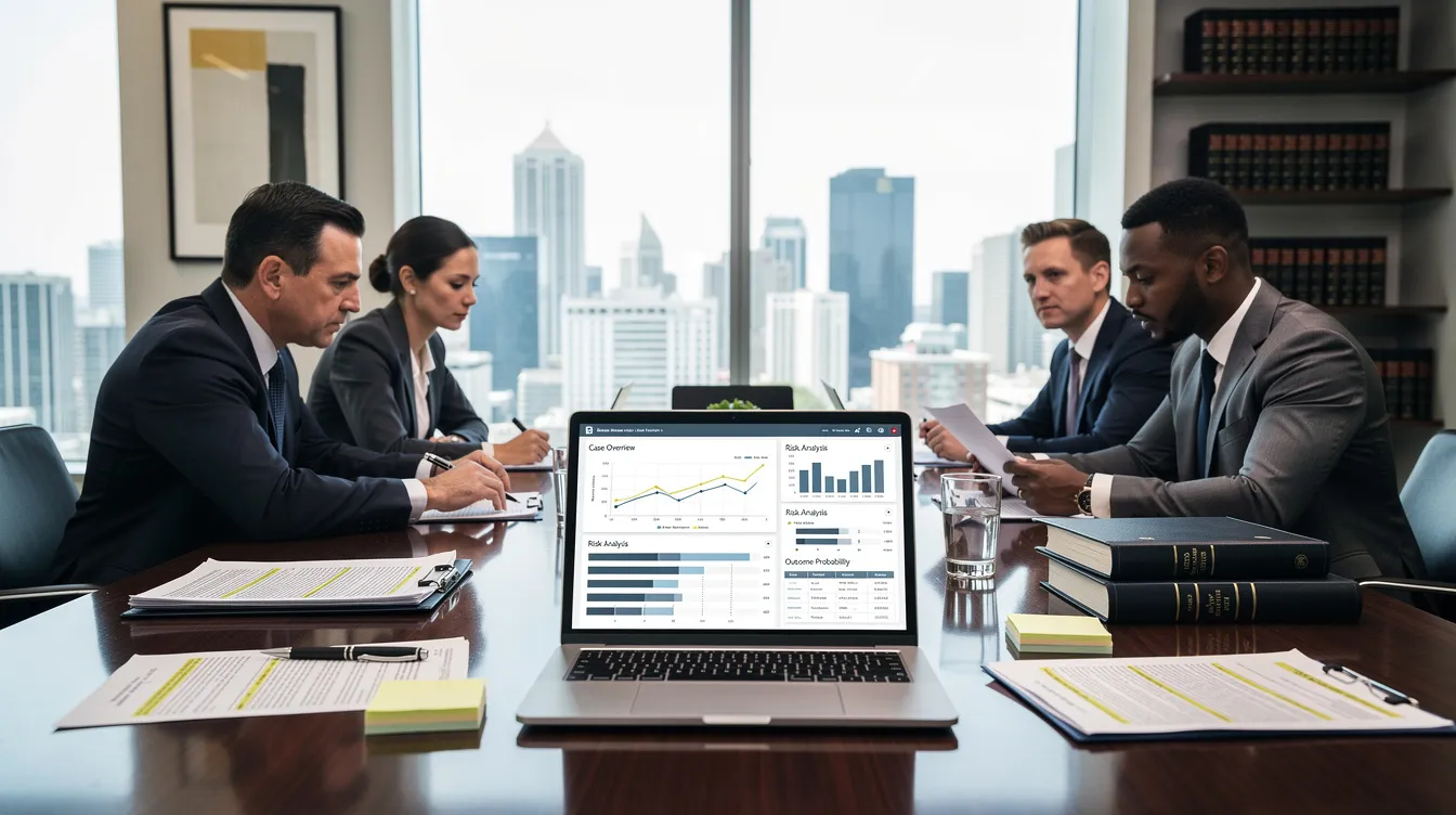 Business meeting in a modern office, with four people reviewing charts on a laptop across a conference table.