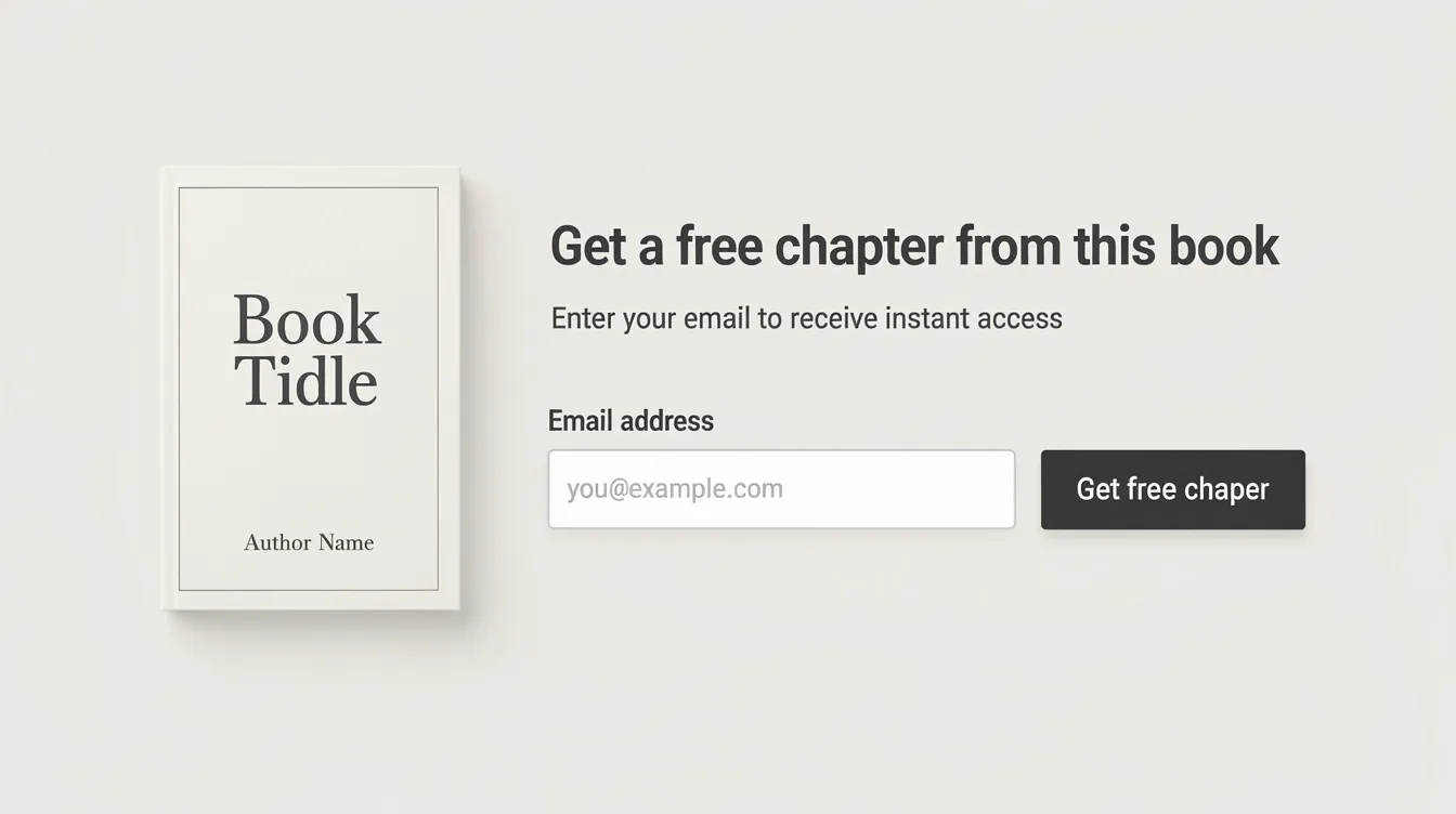 Book promo landing page with a book cover, free chapter signup form, email field, and black submit button.