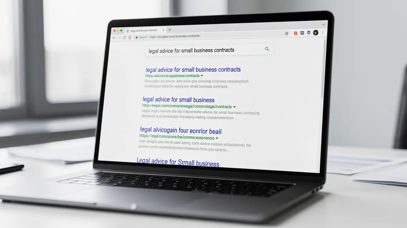Laptop on a desk displaying a search results page in a web browser.
