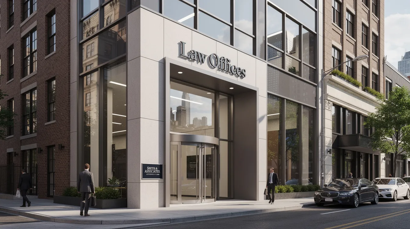 Modern office building entrance with glass facade, “Ruby Charles” sign, and pedestrians on the sidewalk
