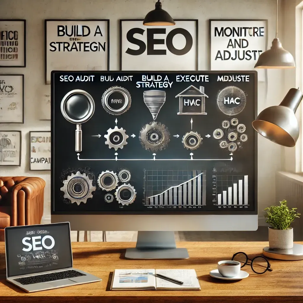 A step-by-step workflow chart for HVAC SEO displayed on a digital screen, featuring steps like 
