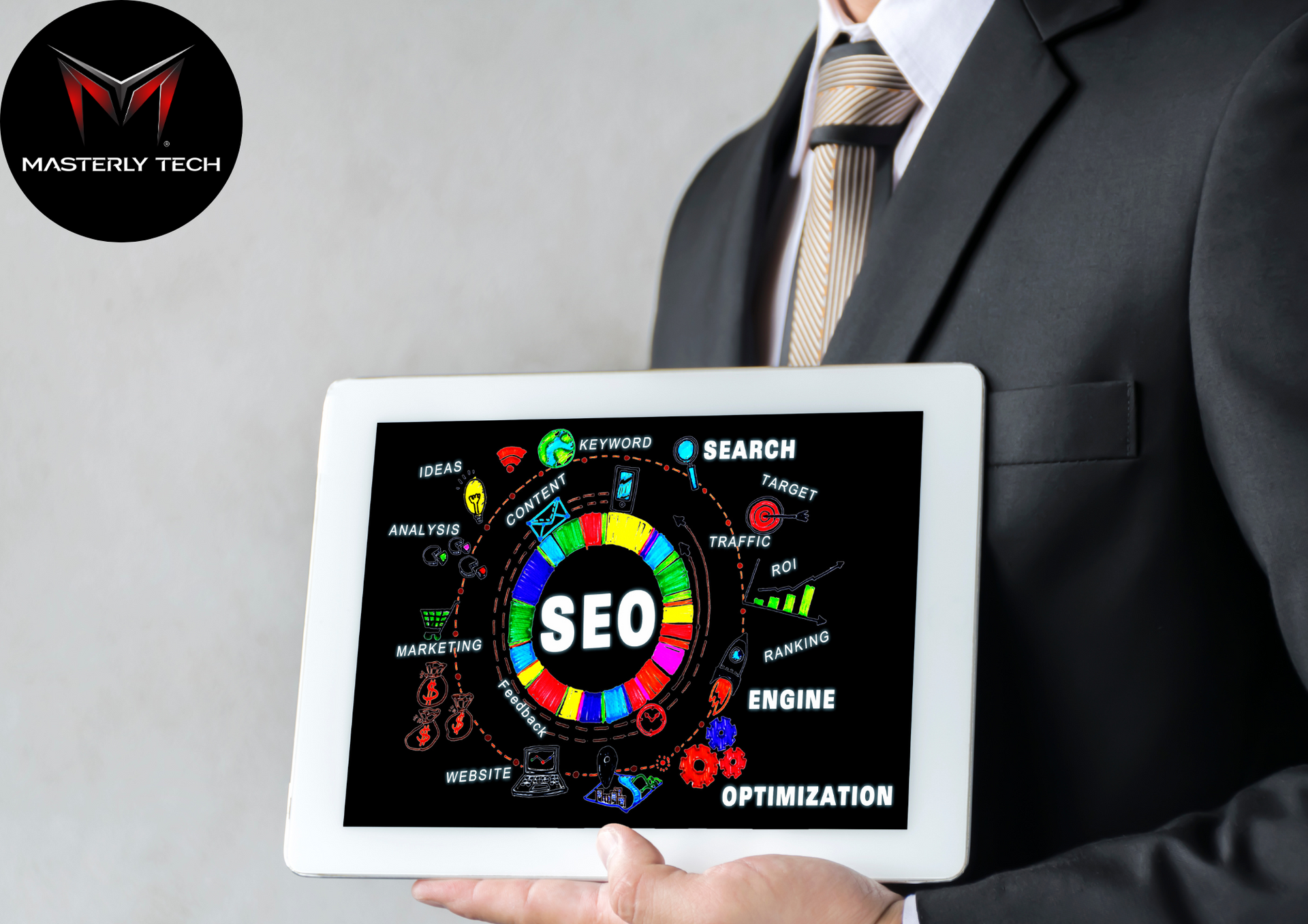 A man in a suit and tie is holding a tablet with the word seo on it.
