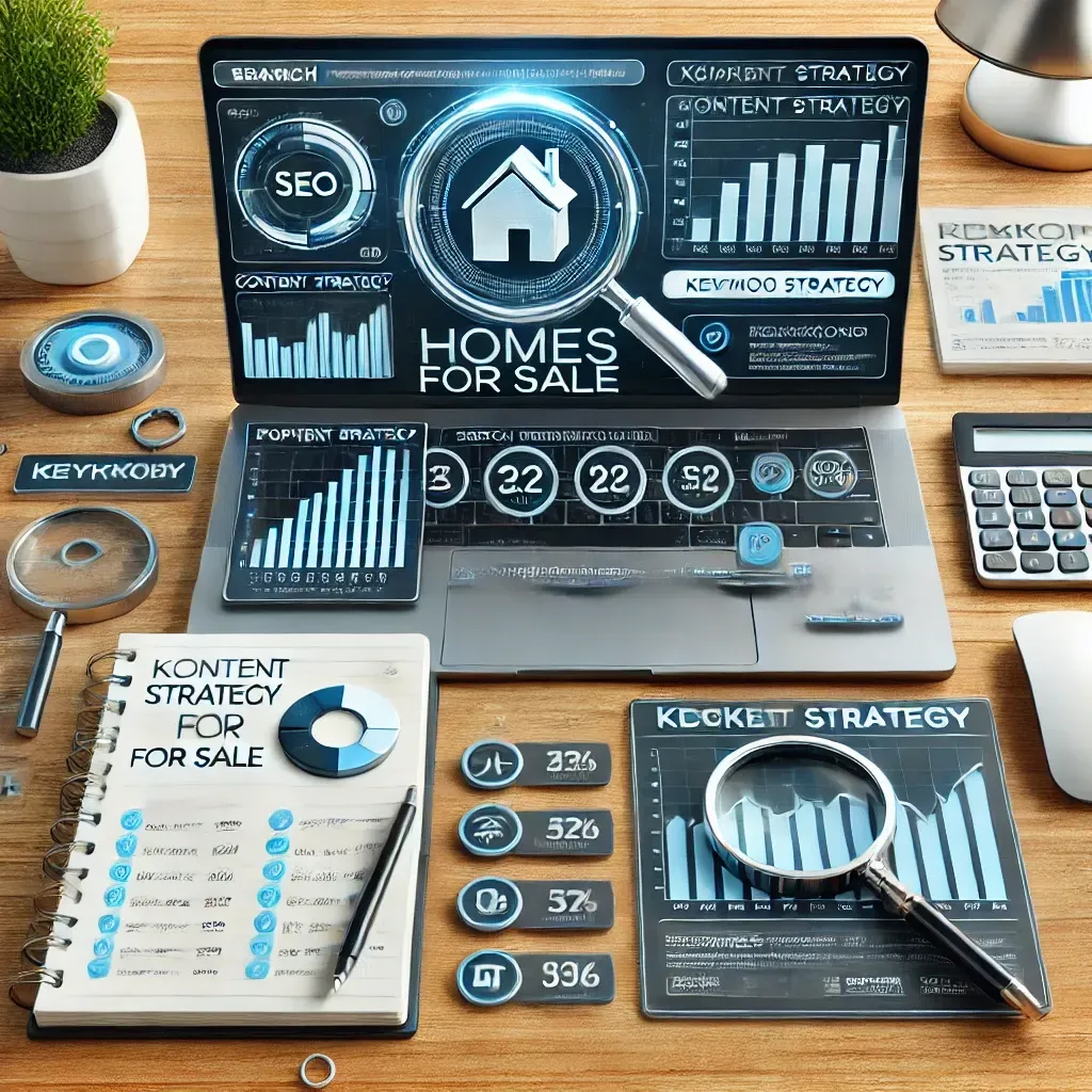 A real estate website's dashboard displaying keyword analytics, search data, and performance charts, alongside a content strategy notebook and a magnifying glass symbolizing keyword research efforts. The image represents data-driven SEO strategies for real estate success.