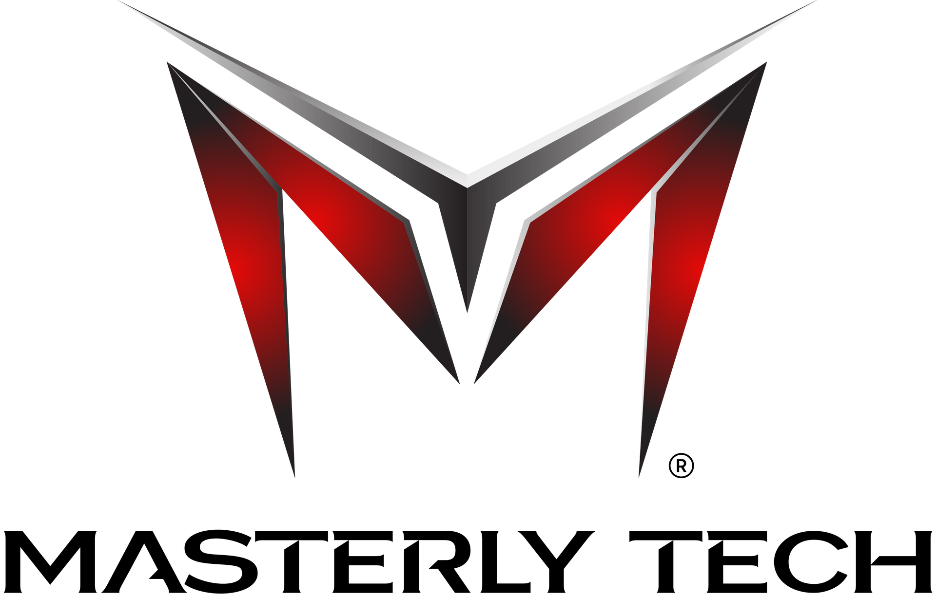 A logo for a company called masterly tech with a red m on a white background.