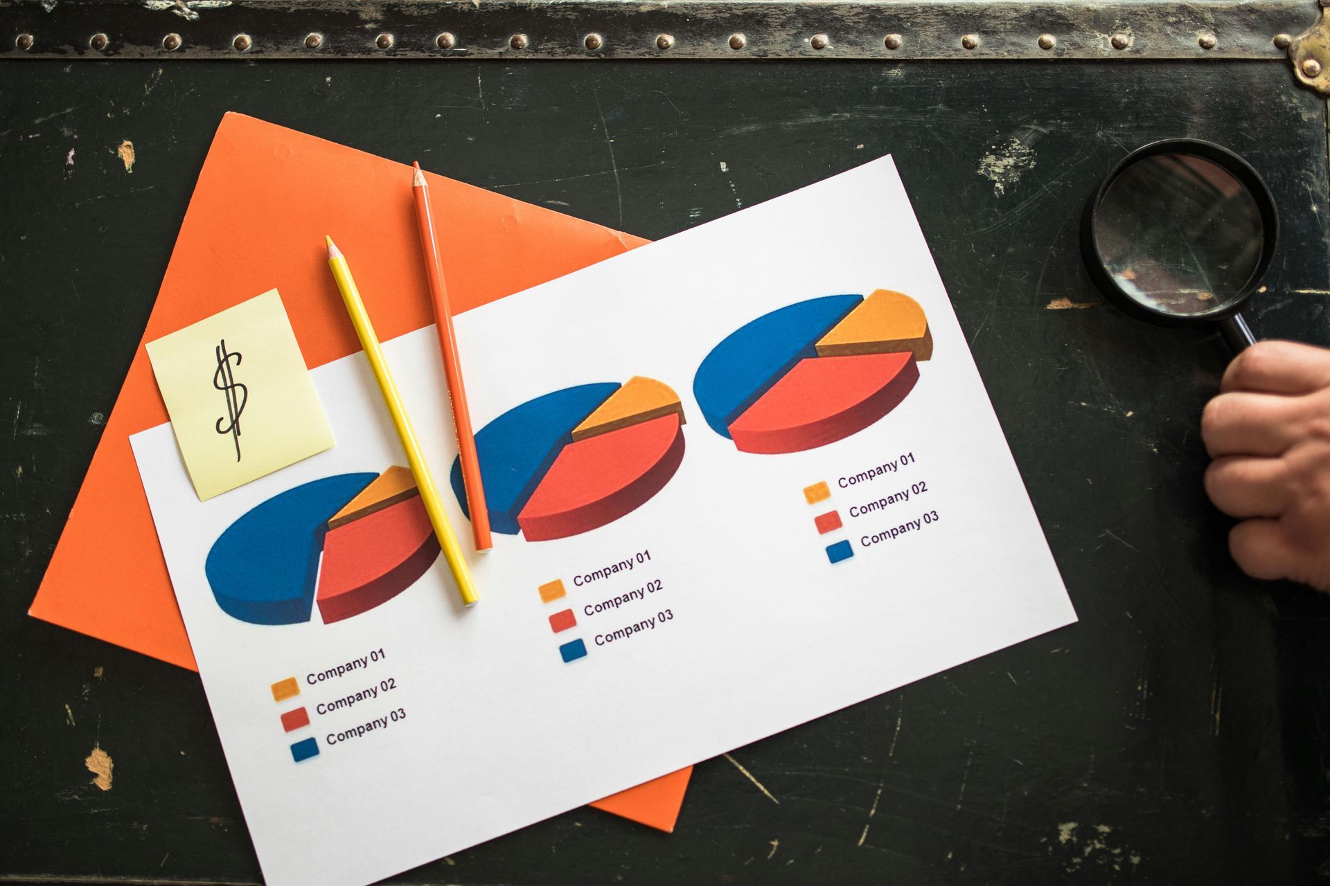 A person is holding a magnifying glass over a pie chart.