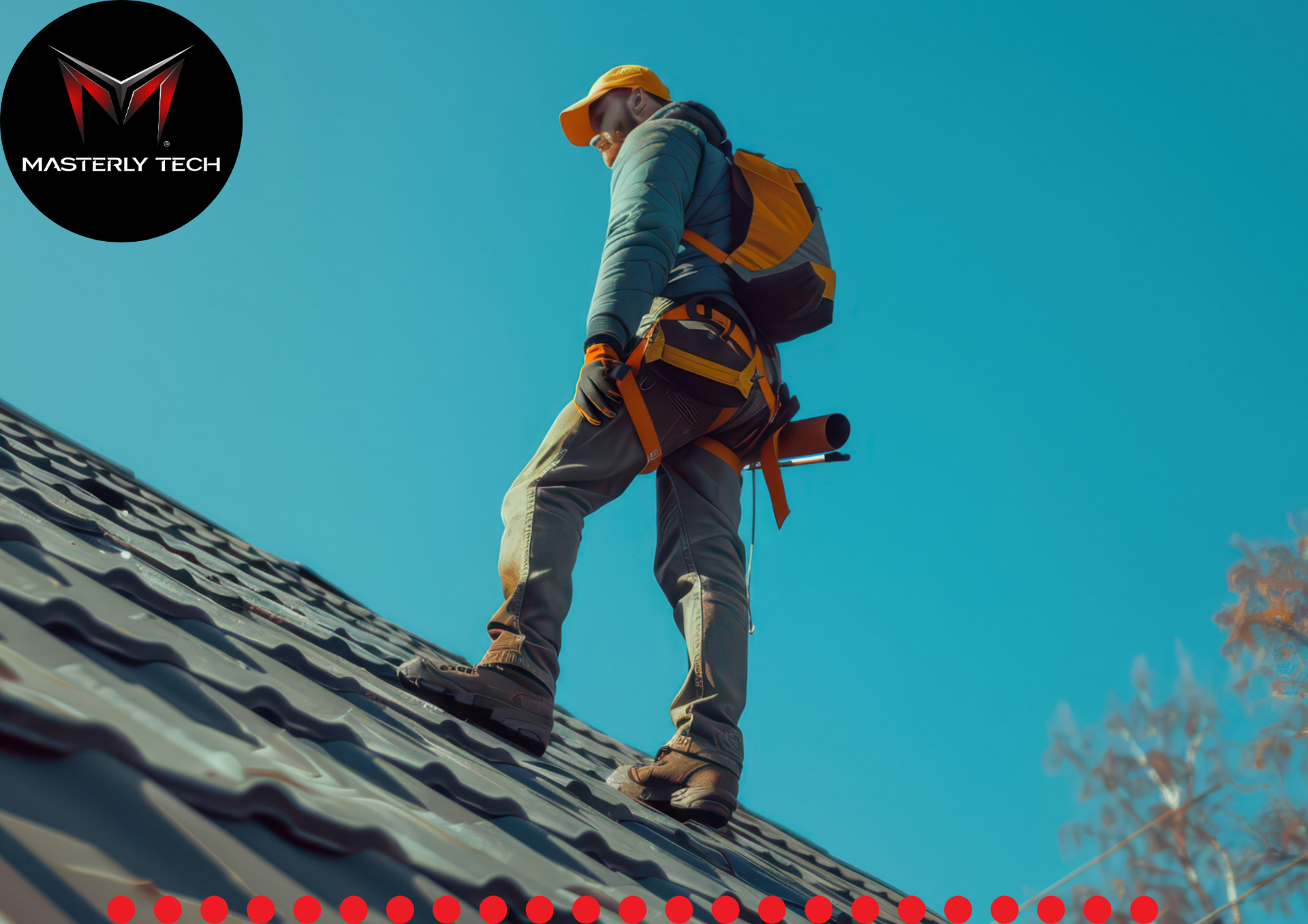 A man with a backpack is standing on top of a roof.