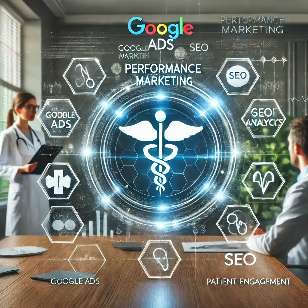 A performance marketing agency working with a healthcare provider, featuring a digital screen showing branding, Google Ads, SEO analytics, and patient engagement metrics in a professional office setting. The image emphasizes innovation and results-driven healthcare marketing.