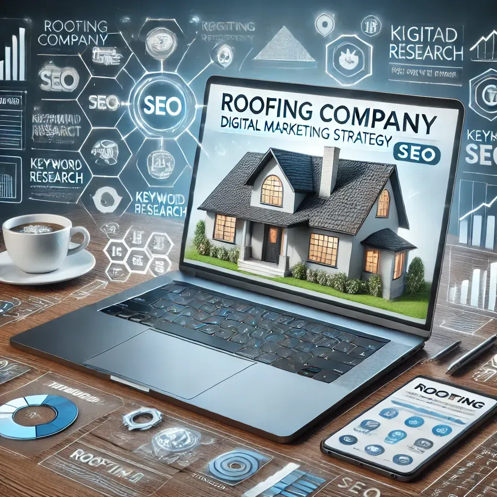 Illustration of a roofing company leveraging SEO to rank on Google’s first page. The image includes a laptop displaying a roofing website, surrounded by icons for local SEO, relevant keywords, quality content, and technical SEO. A progress bar on the screen indicates improved rankings, and a cityscape background emphasizes local customer targeting.