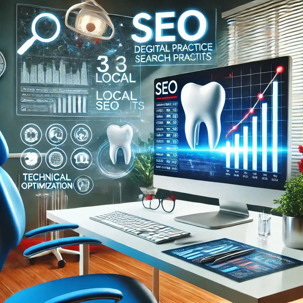 A computer screen displaying a dental practice's high search engine ranking and analytics showing increased patient engagement. Surrounding elements include a map with local SEO markers, a growth chart, and icons for technical optimization, set in a modern dental workspace that highlights digital success and professional care.