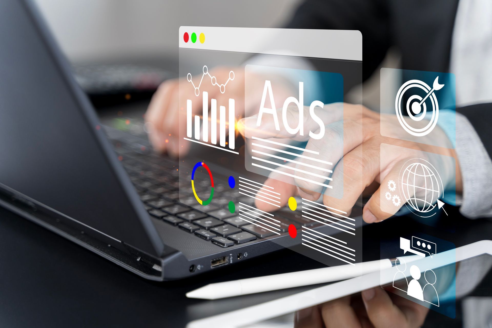 Digital illustration showing a roofing company using Google Ads: a computer screen with a dashboard displaying rising graphs and targeted keywords overlays a stylized house roof.
