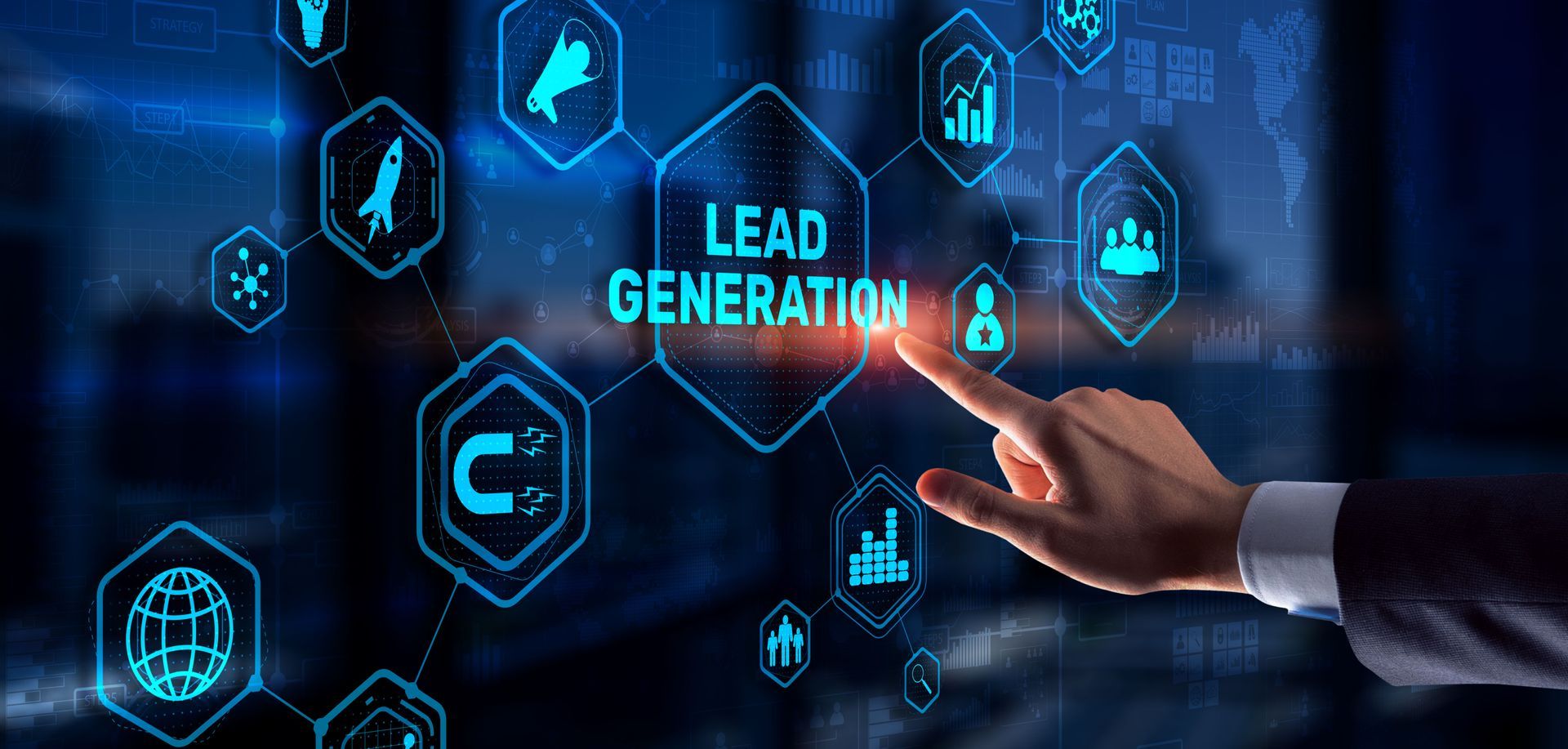 Digital illustration showing a roofing company’s lead generation strategy: a computer screen with a funnel diagram, charts, and data icons overlays a stylized house roof, with arrows indicating continuous campaign management.