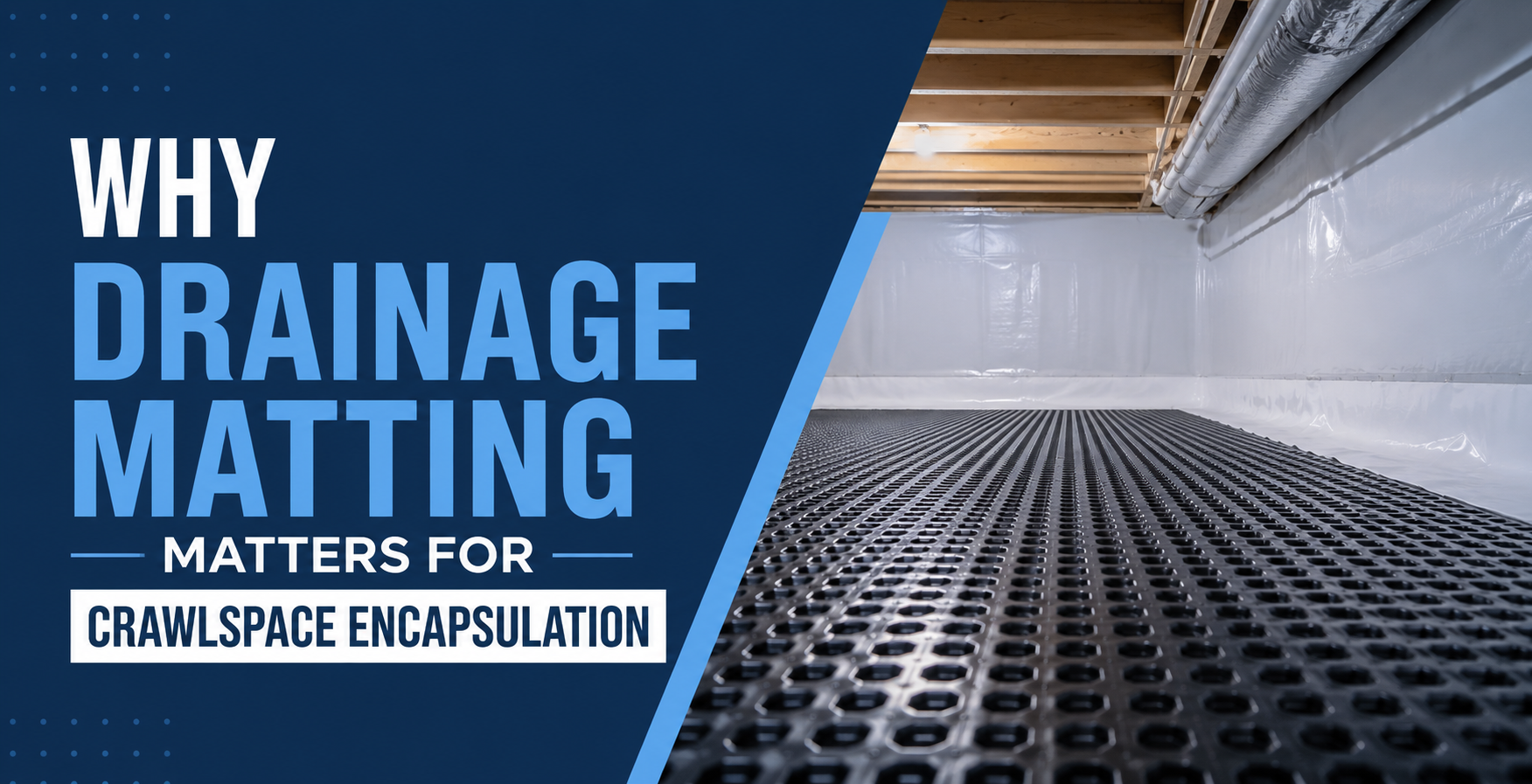 Why drainage matting matters for crawlspace encapsulation, with matting shown in a crawlspace