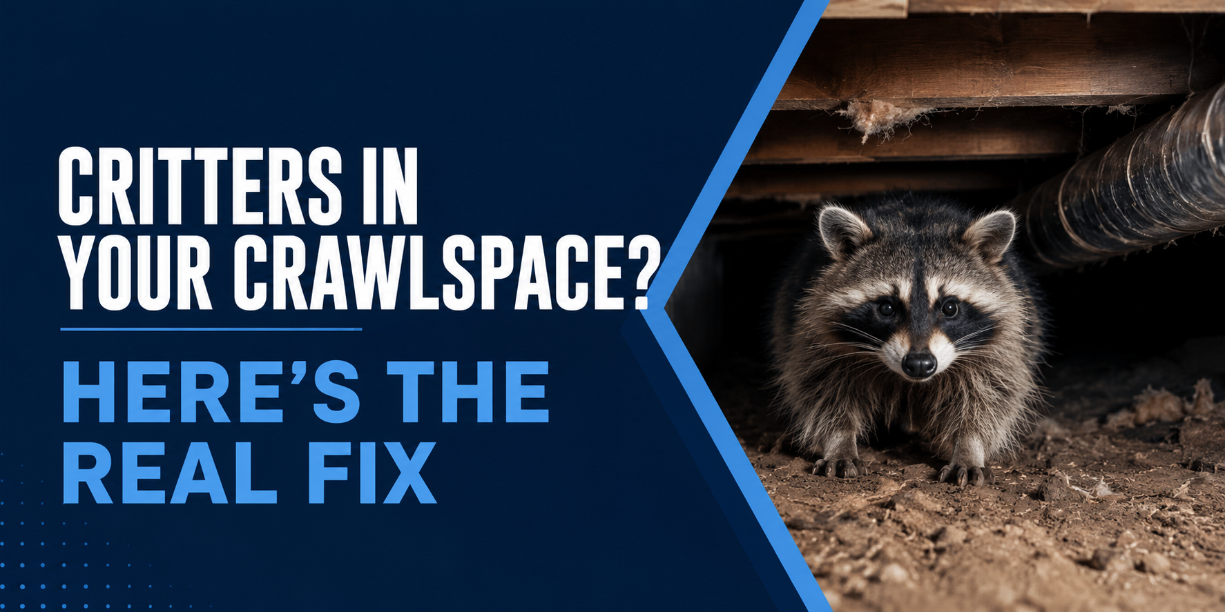 Raccoon in crawlspace beside text: “Critters in your crawlspace? Here’s the real fix”