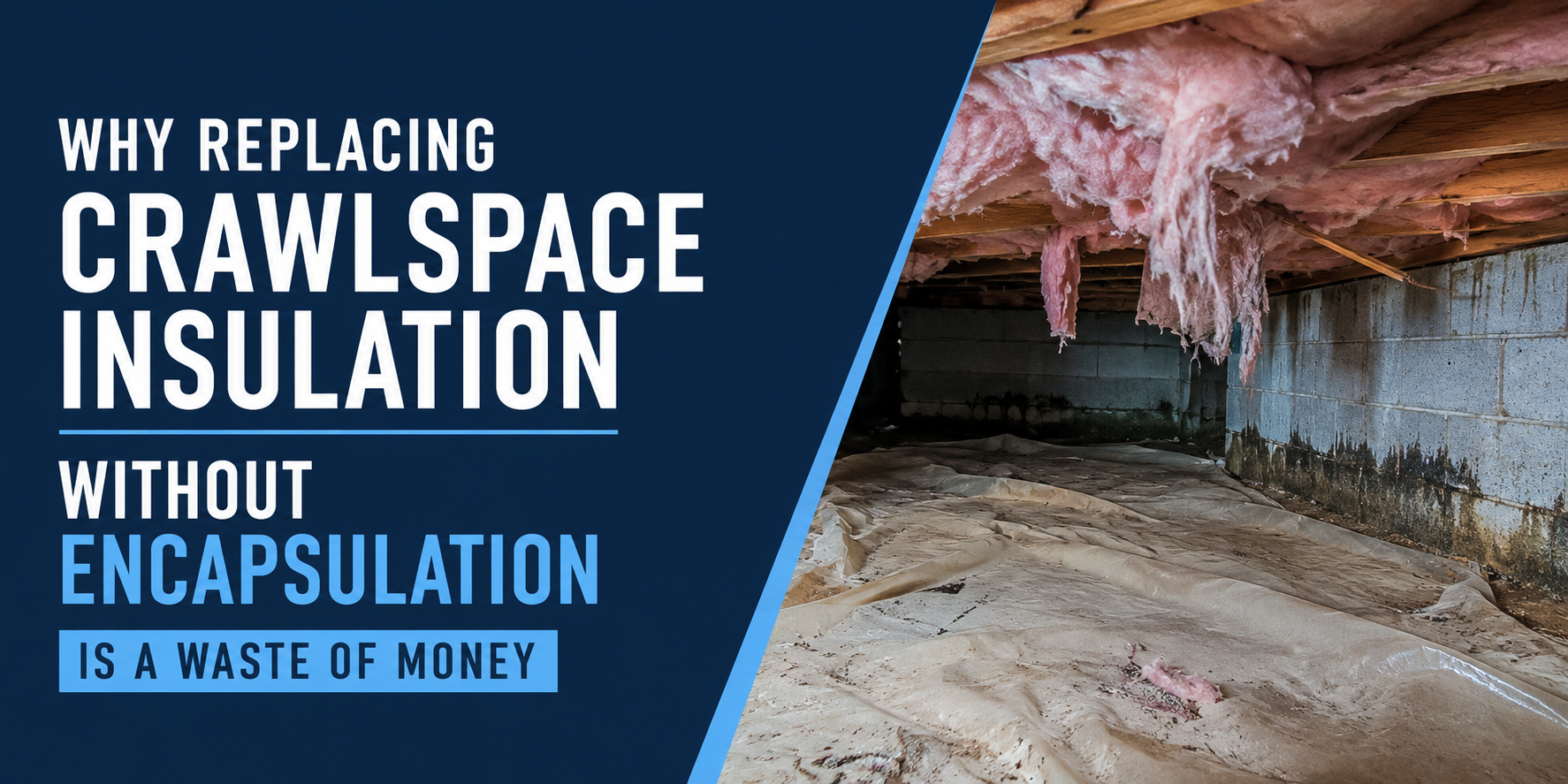 Infographic comparing crawlspace insulation replacement without encapsulation to a damp crawlspace interior