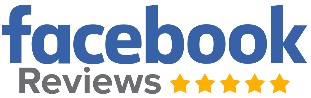 Facebook Reviews, blue text with 5 gold stars.