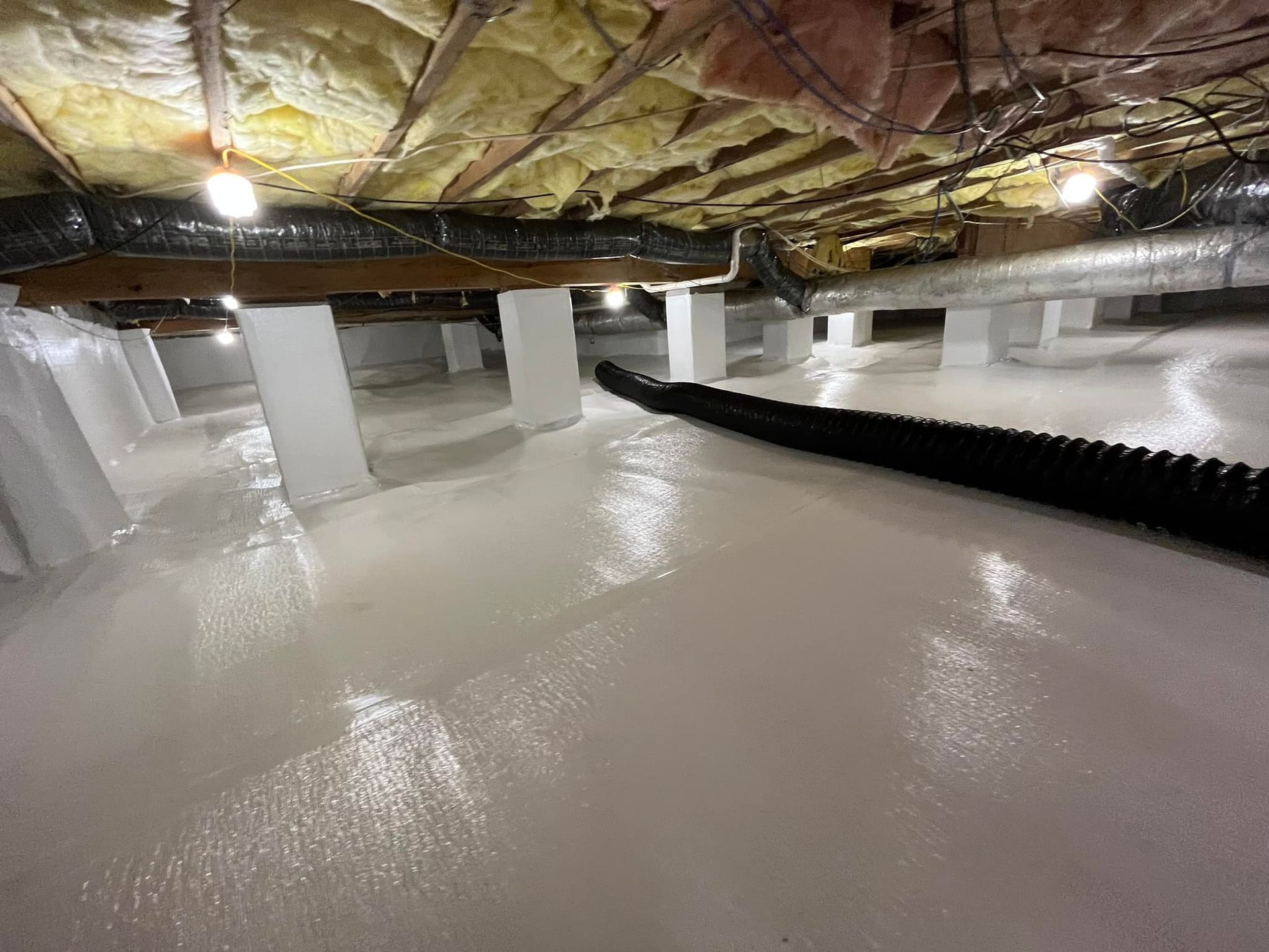 White-painted crawlspace with insulation, supporting beams, and a black hose, illuminated by overhead lights.