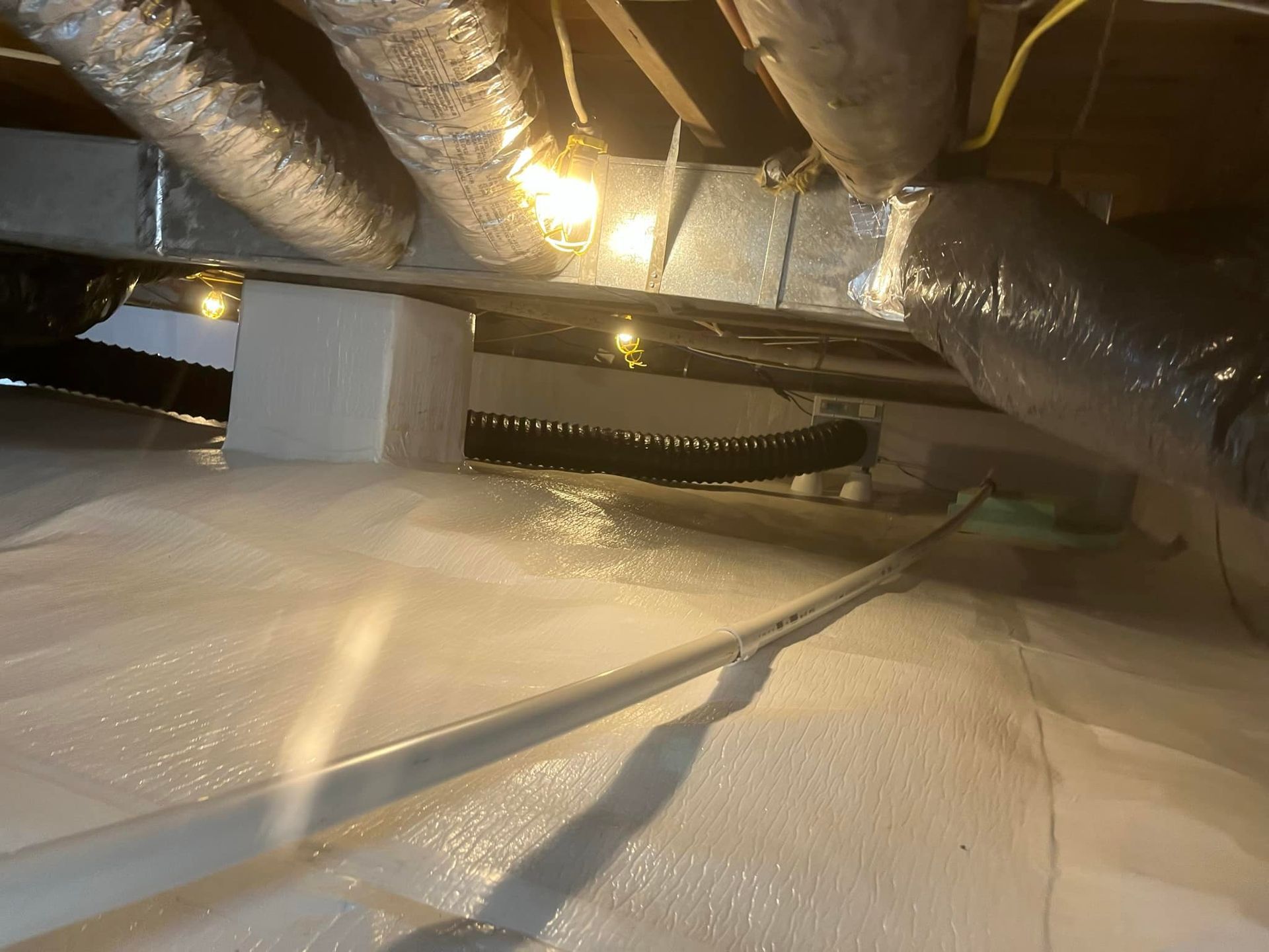 Crawlspace with white vapor barrier, insulation, ducts, and pipes. Black corrugated tubing runs across the space.