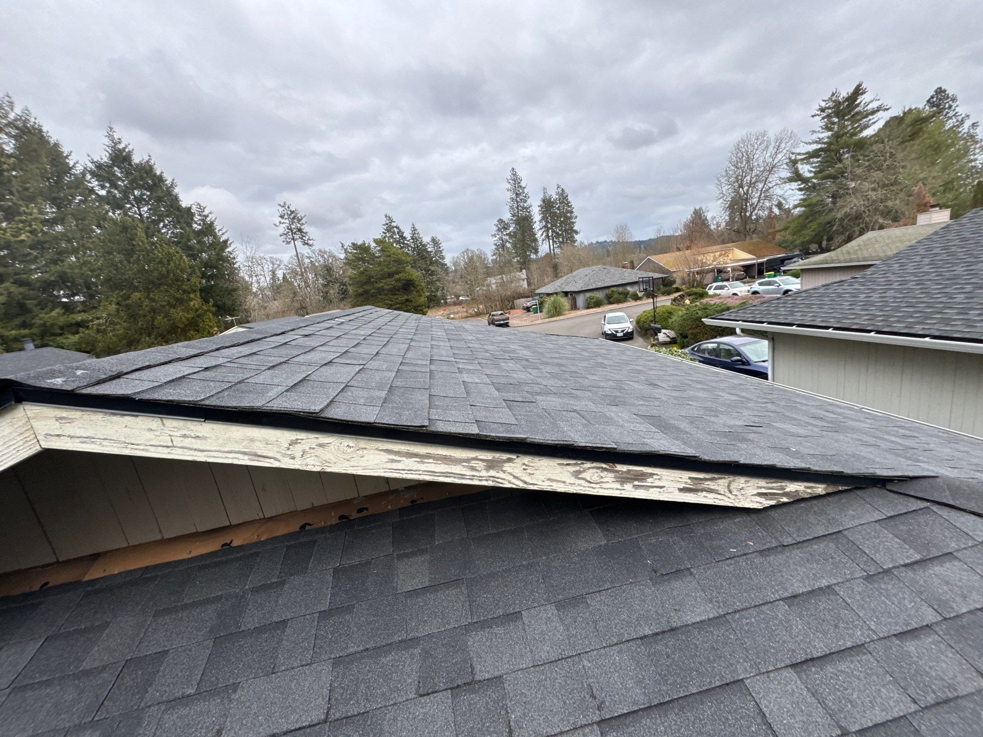 Damaged shingled roof with a lifted edge and exposed underlayment on a house