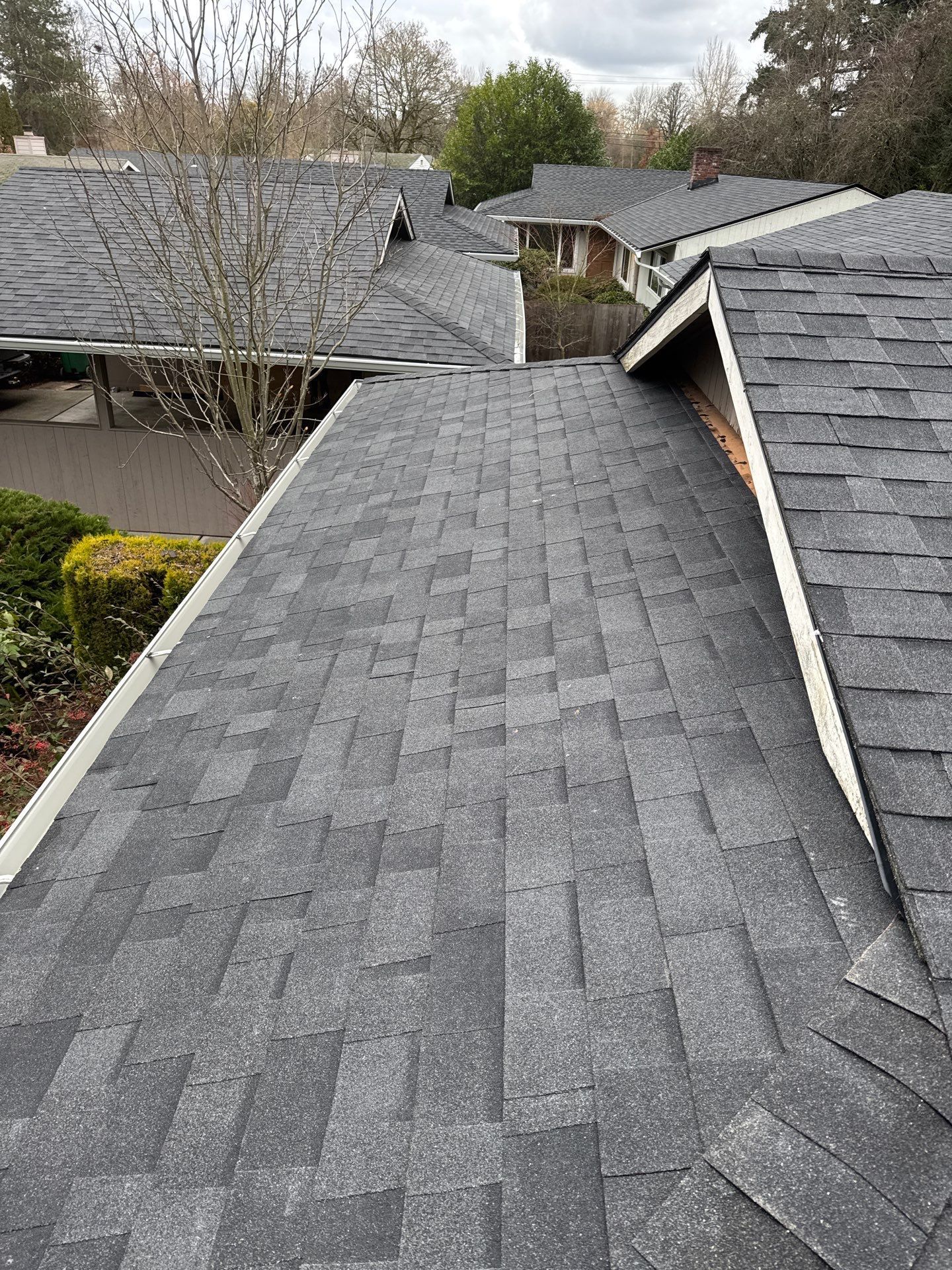 Roofing shingles on a sloped house roof with a valley and nearby trees under cloudy sky