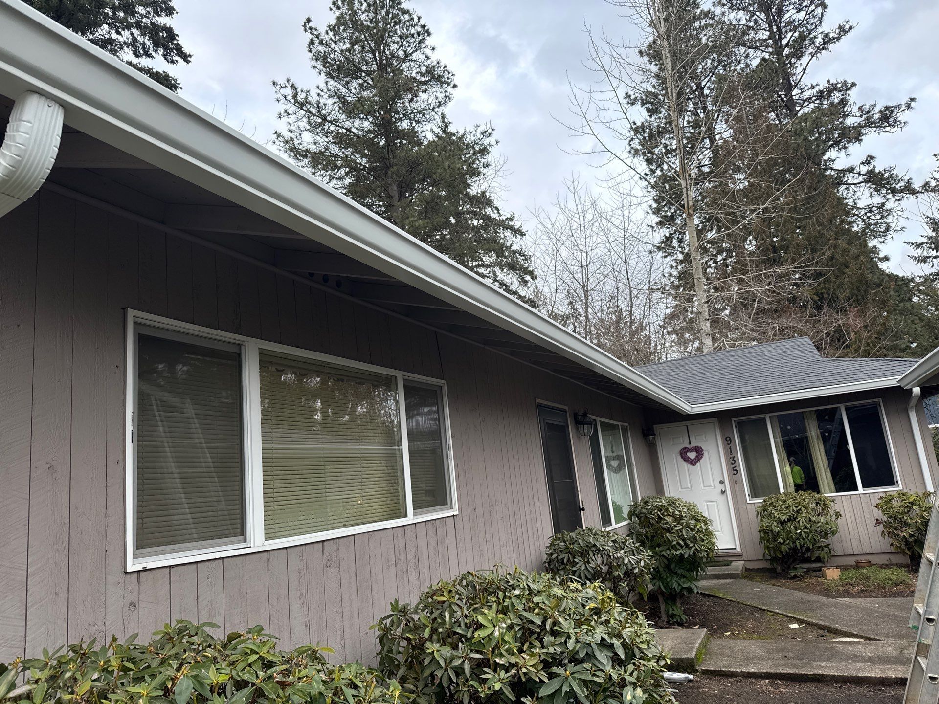 Front exterior of a brown house with large windows, a walkway, shrubs, and tall trees under an overcast sky