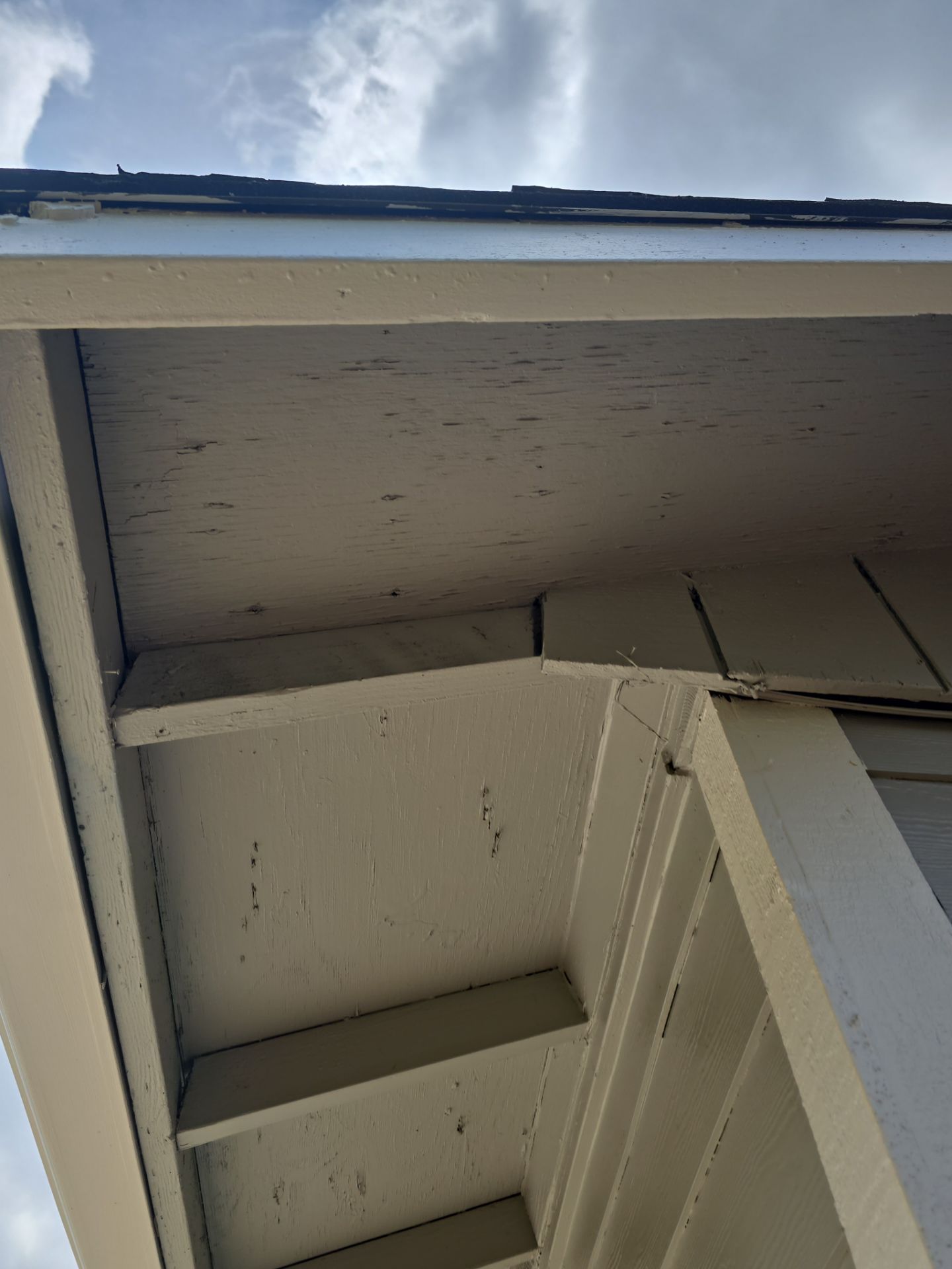 Close-up of a white house eave and soffit with dark stains and peeling paint under the roofline