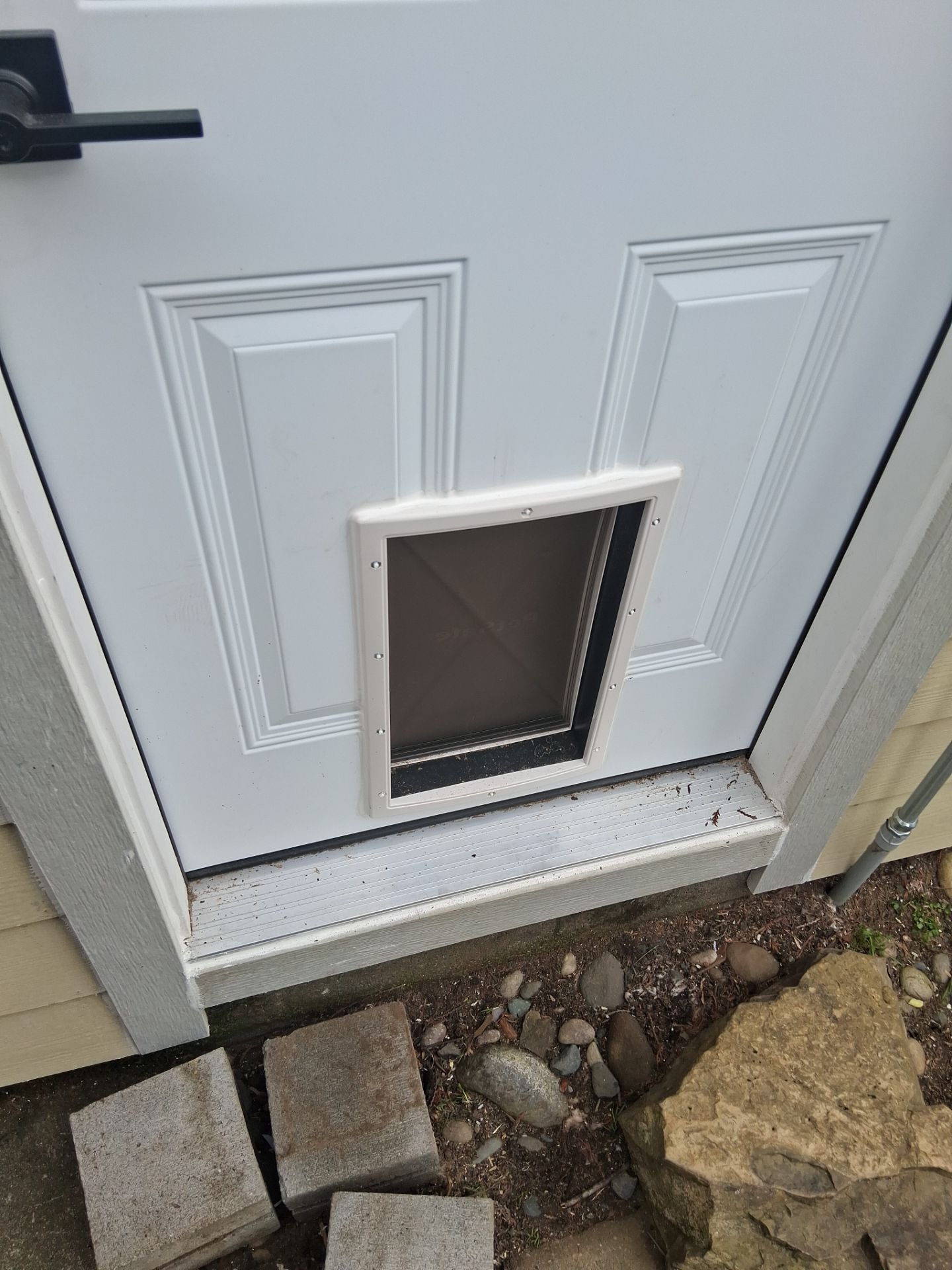 White exterior door with a small pet door cutout at the bottom, above a stone step and rocky ground.
