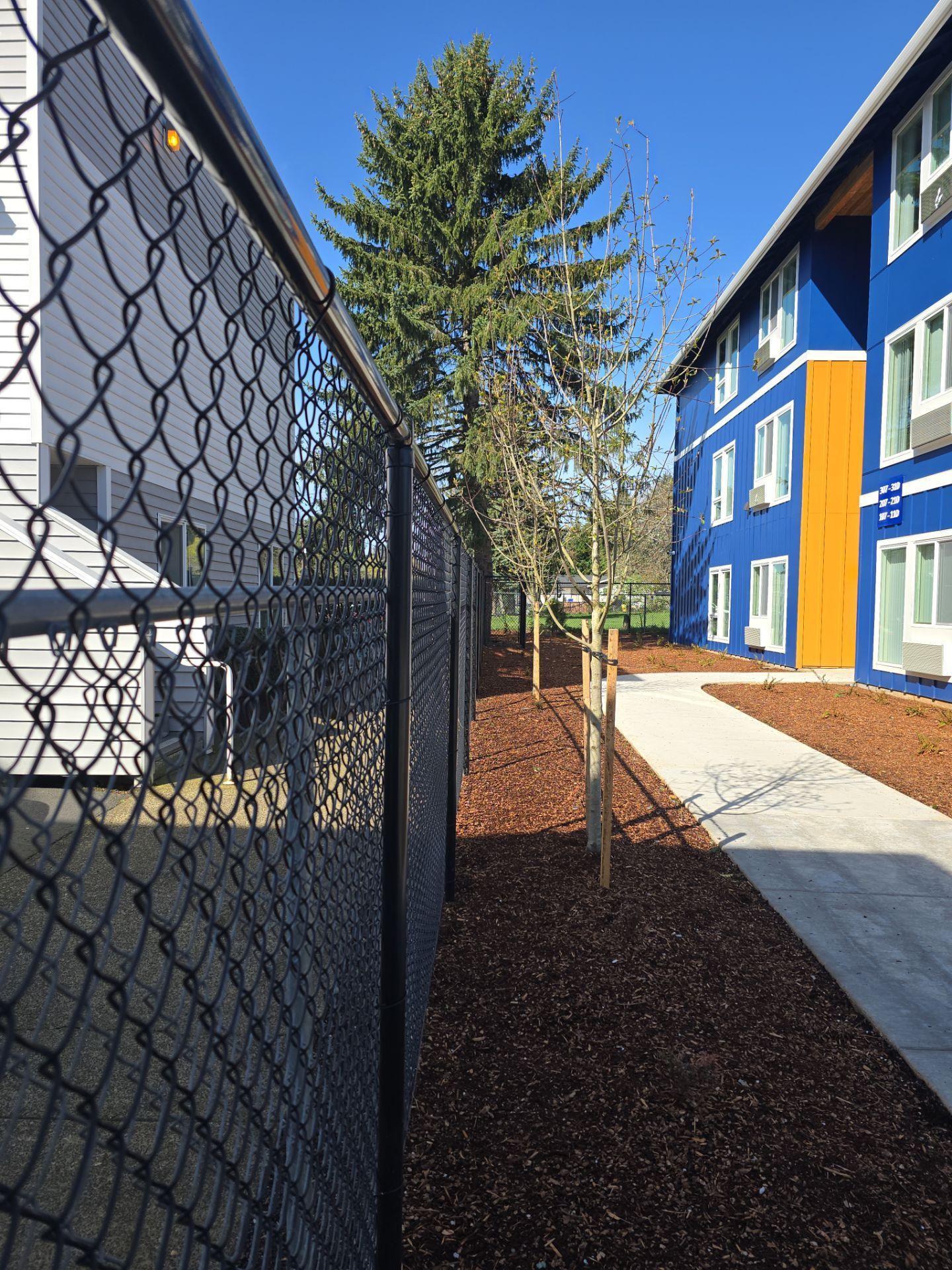 Chain-link fence beside a blue building and concrete walkway under a clear sky