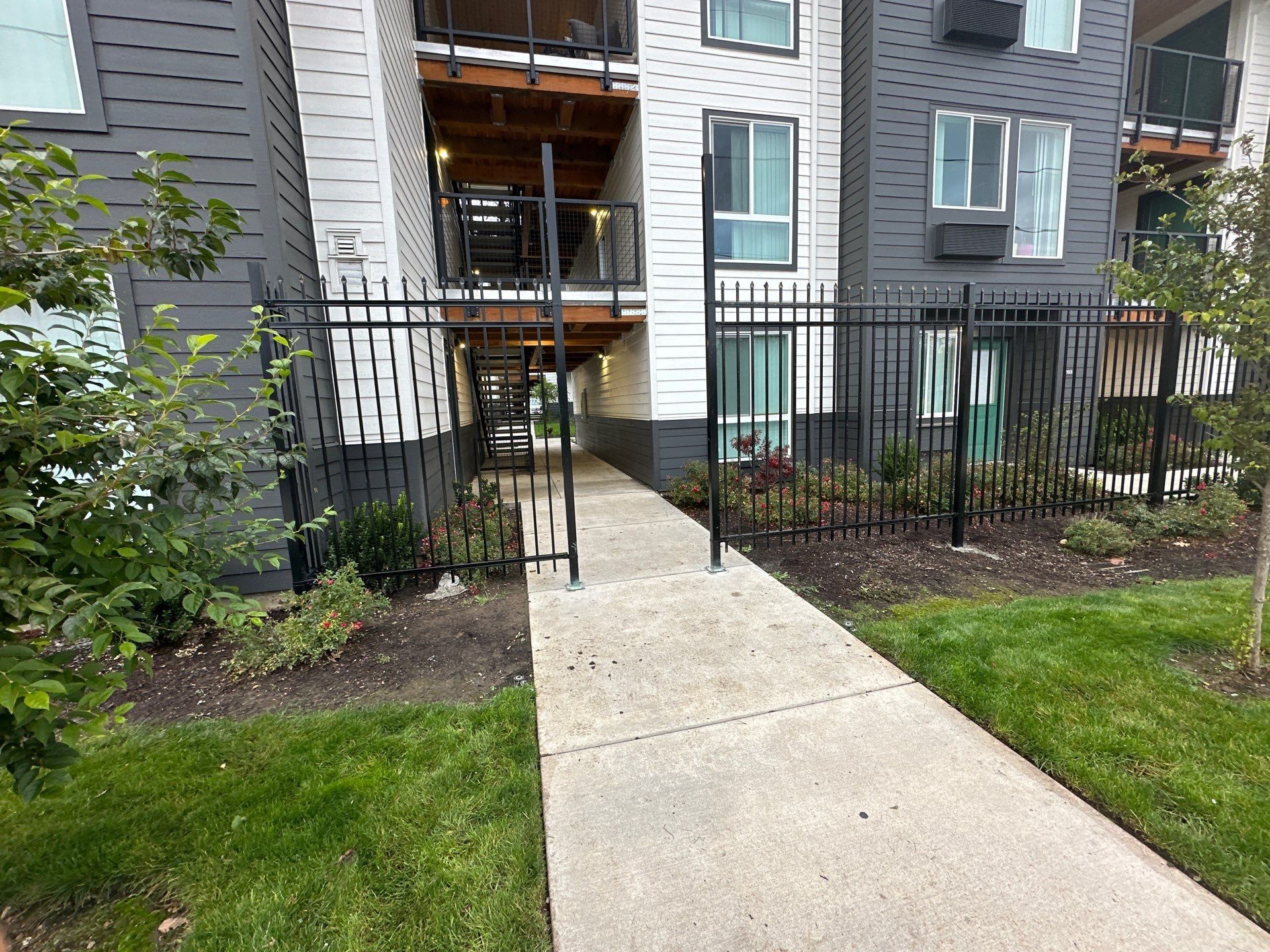 Concrete walkway through a black metal gate to an apartment building entrance with landscaped grass and shrubs