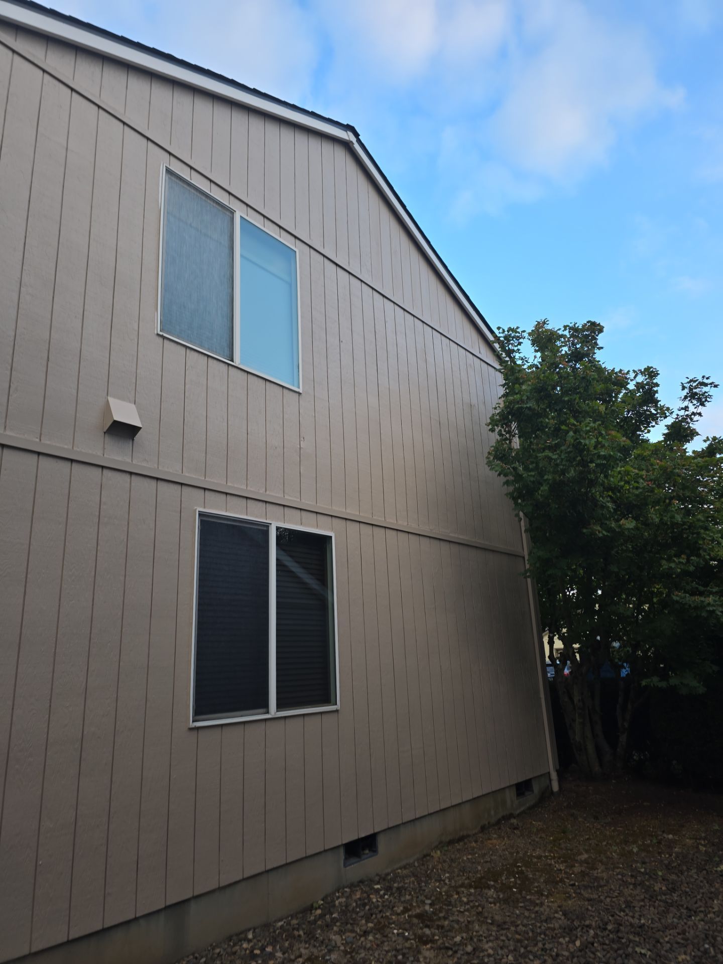 Side of a beige house with two windows and a tree-lined yard beside it