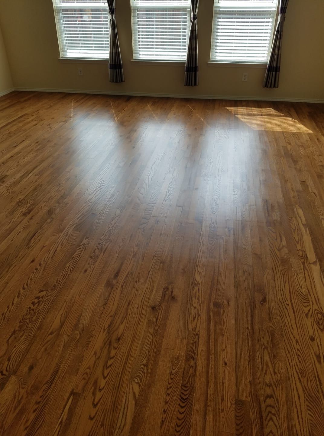 Polished hardwood floor with light reflections, windows in background.
