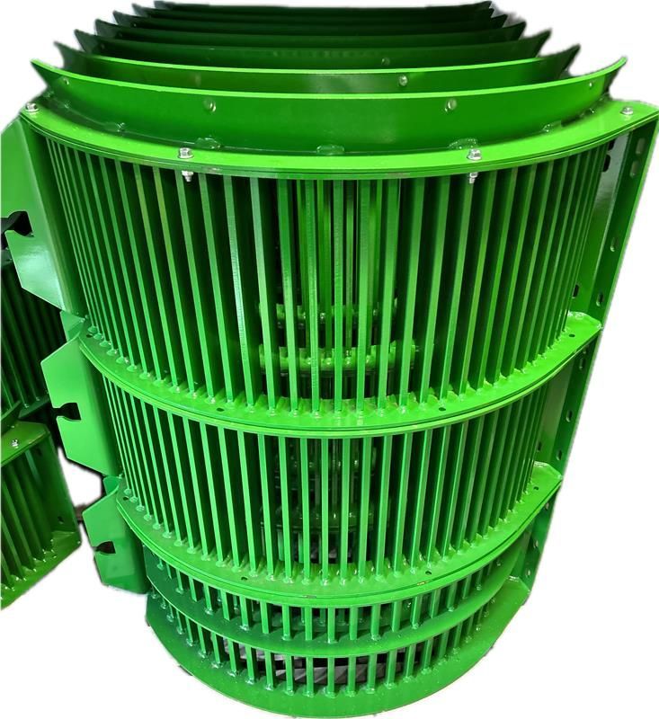 A bright green, curved metal agricultural combine threshing concave grate with vertical bars and three horizontal ribs.