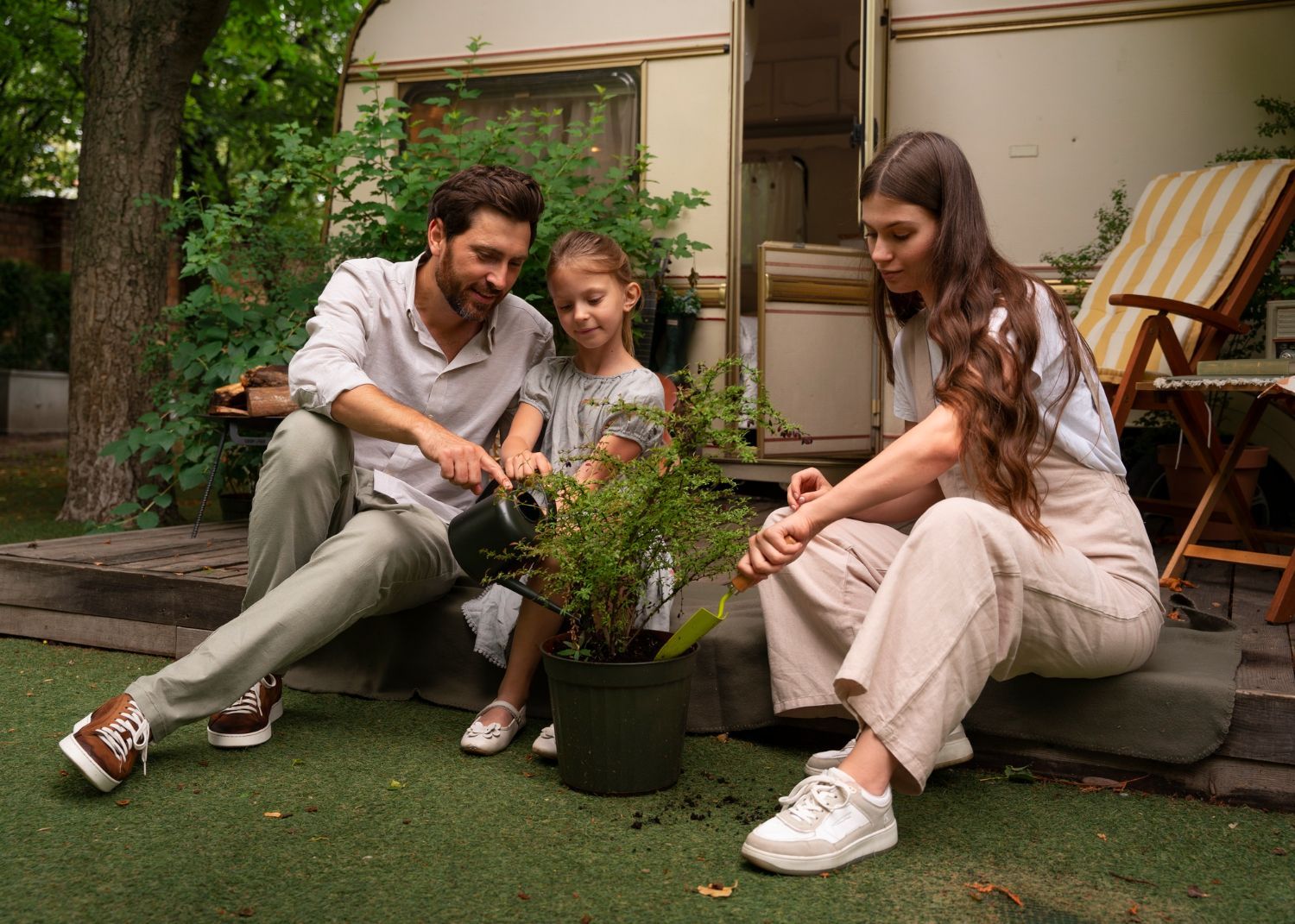 A man and a little girl are playing with a cardboard house.