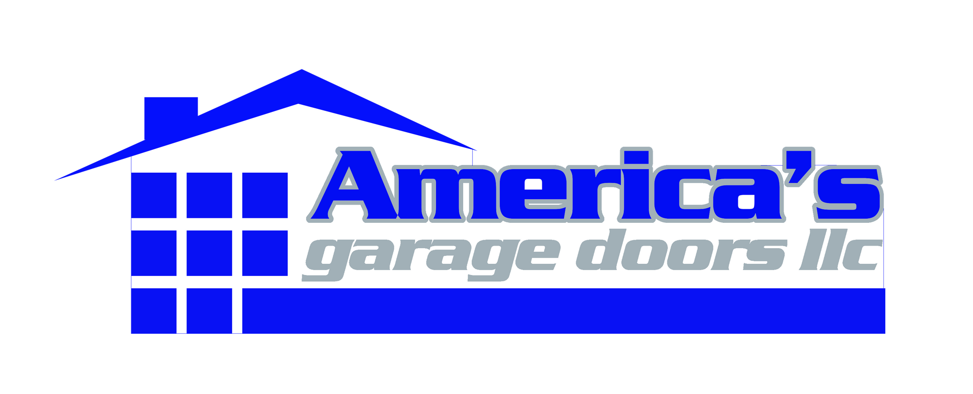 Blue and grey logo for "America's garage doors llc" featuring a stylized house icon with a grid pattern.