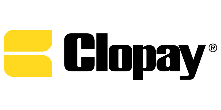 Clopay logo featuring a yellow geometric icon next to the company name in bold black text.