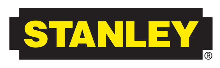 The Stanley logo featuring yellow, bold, capital letters inside a black, notched rectangular banner.