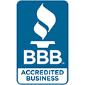 BBB Accredited Business logo: Blue rectangular badge with a stylized white flame and 