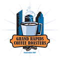 Logo for Grand Rapids Coffee Roasters: a coffee cup with steam, city skyline, and an orange banner. | Arie Nol Auto Center