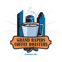 Logo for Grand Rapids Coffee Roasters featuring a coffee cup, Grand Rapids skyline, and coffee beans. | Arie Nol Auto Center