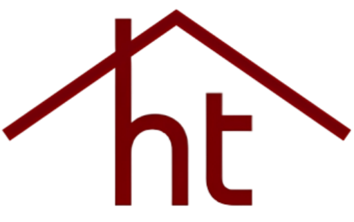 Maroon house roof logo with lowercase letters “ht” underneath