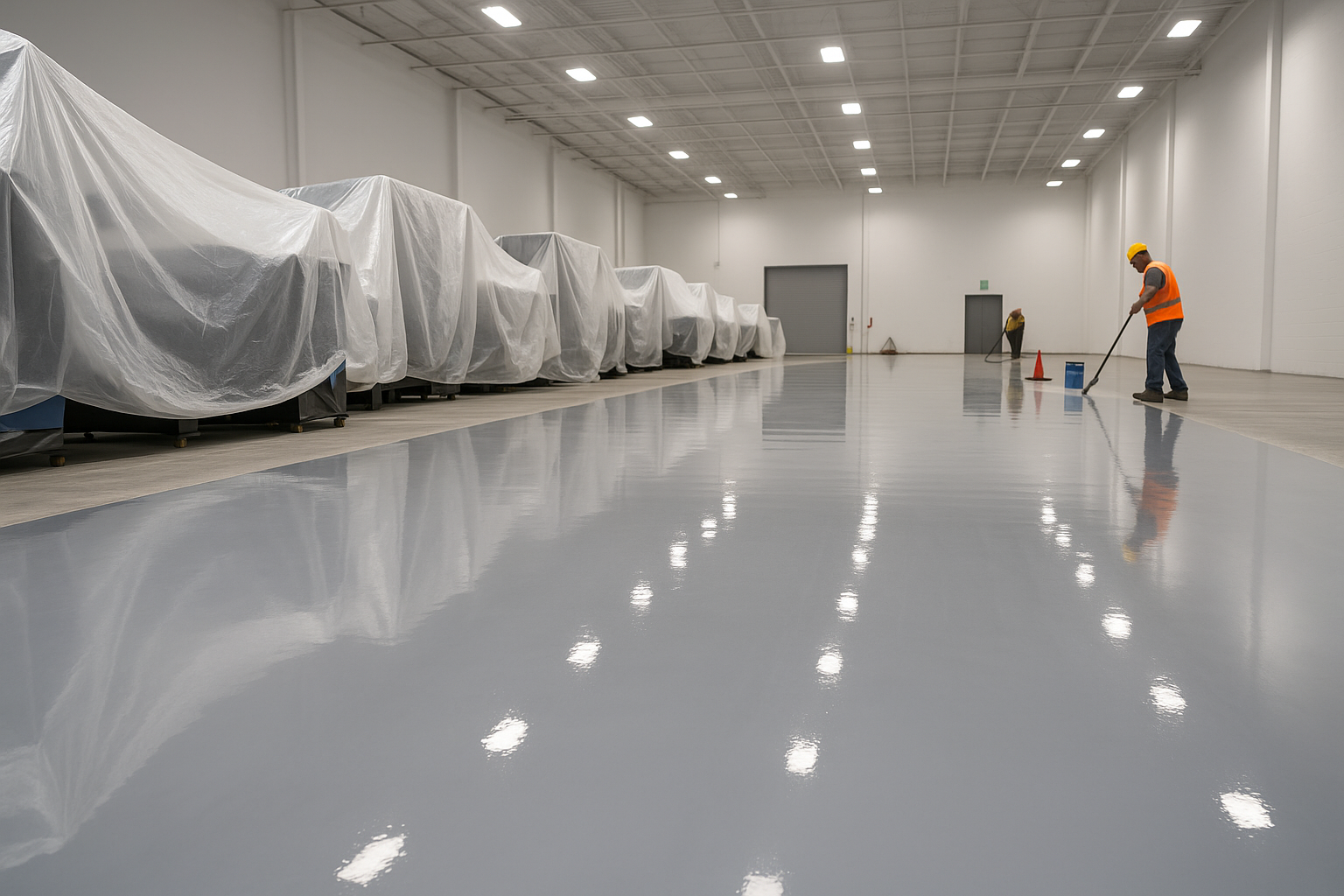 A man is installing the epoxy flooring of a large warehouse.