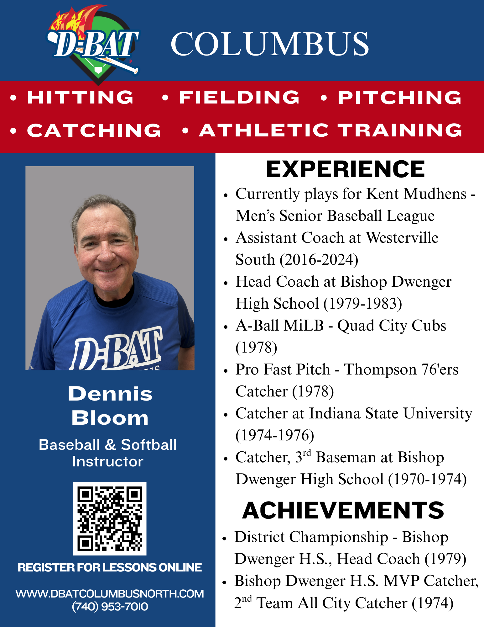 Dennis Bloom baseball coach profile poster with portrait, training list, experience, and achievements on blue-red background