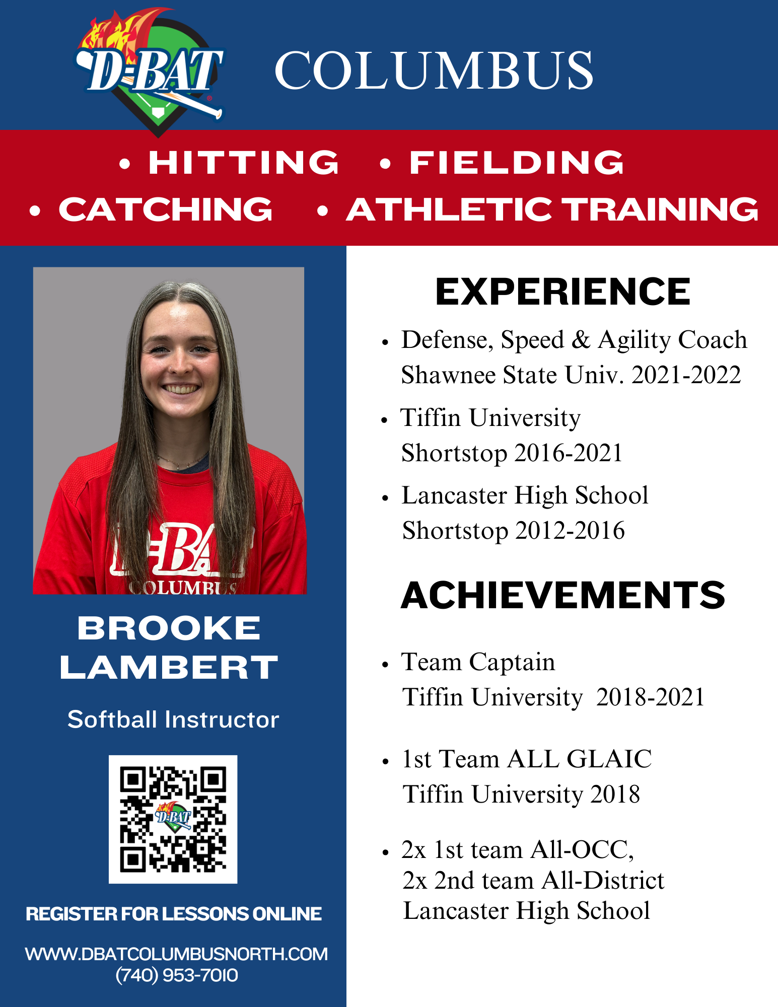 Columbus softball player Brooke Lambert in red uniform with hitting, fielding, catching, athletic training