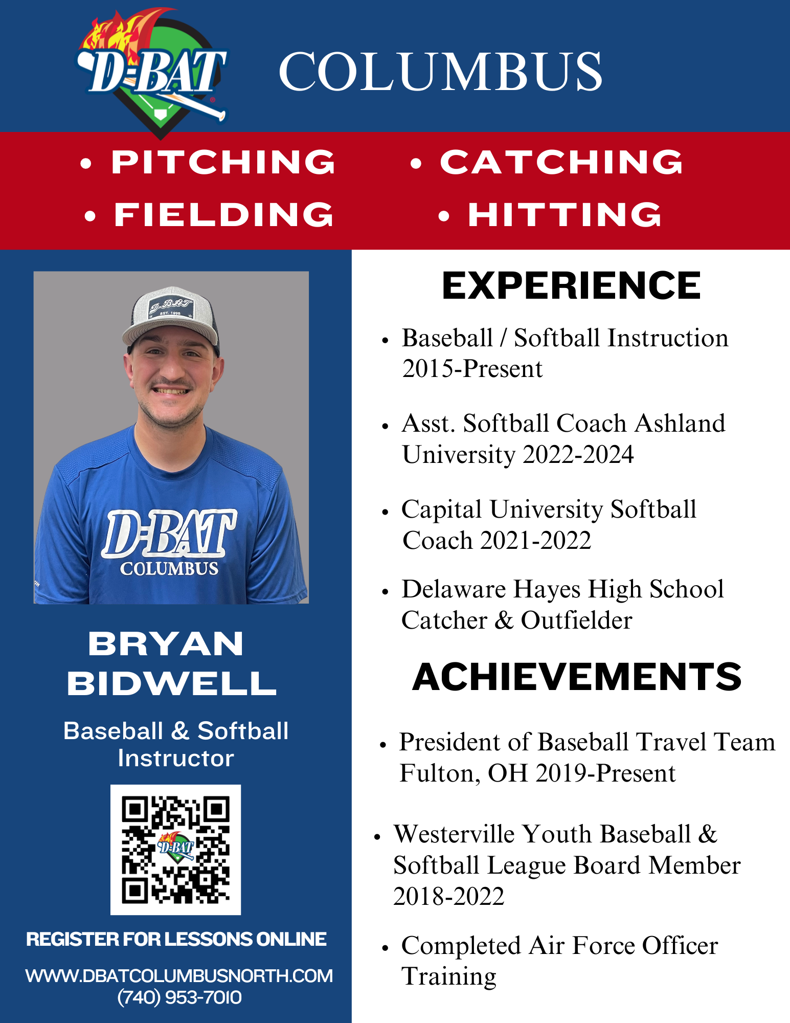 DBAT Columbus player profile poster with Bryan Bidwell, softball, experience and achievements listed.
