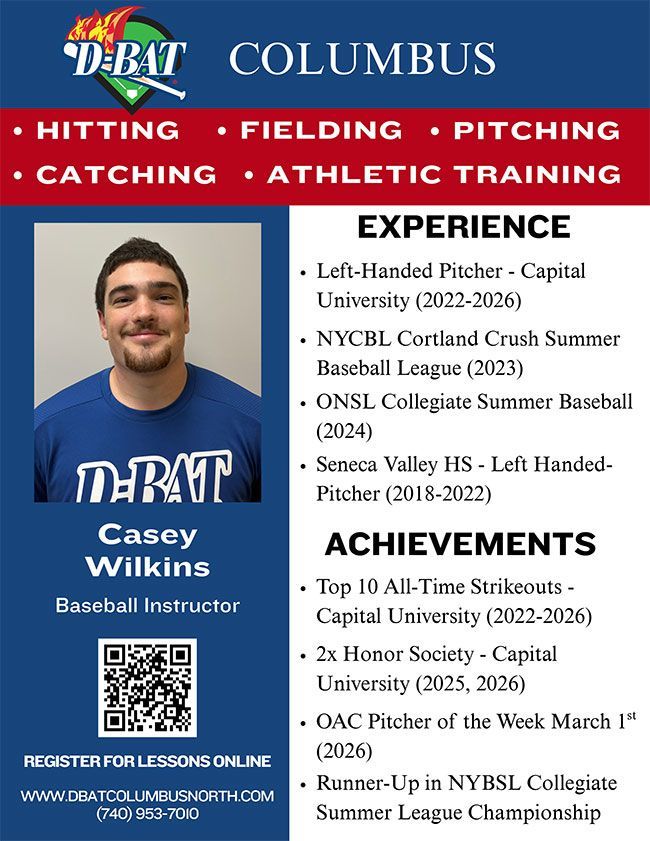Casey Wilkins baseball recruit poster with headshot, skills list, experience, and achievements; blue and red design