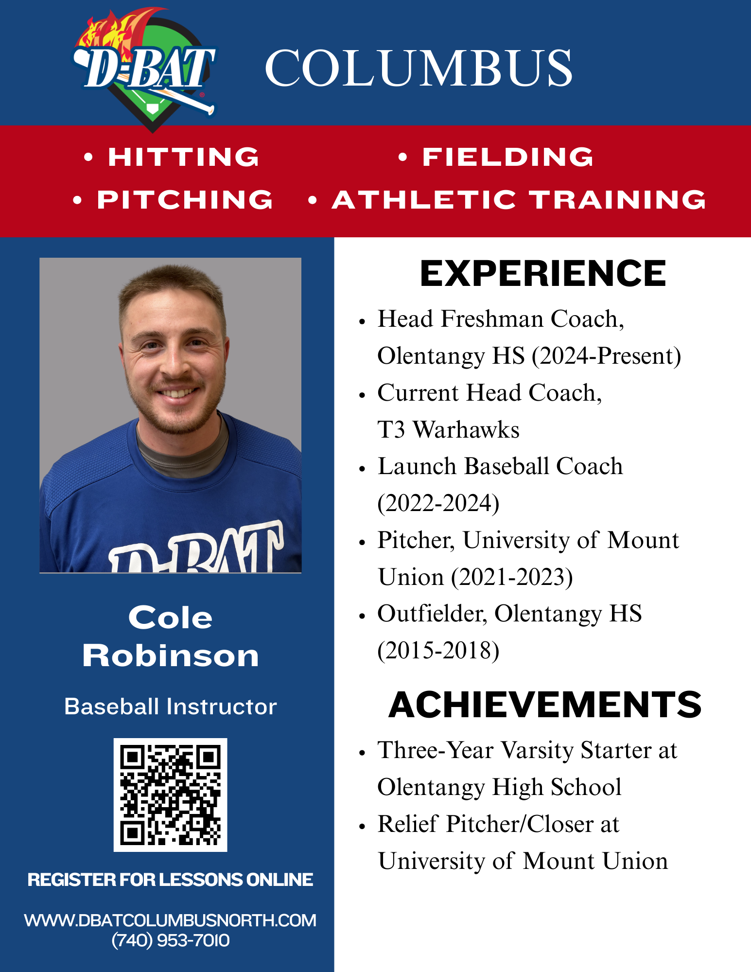 Baseball instruction flyer for Cole Robinson, with headshot, blue-red design, and experience highlights.